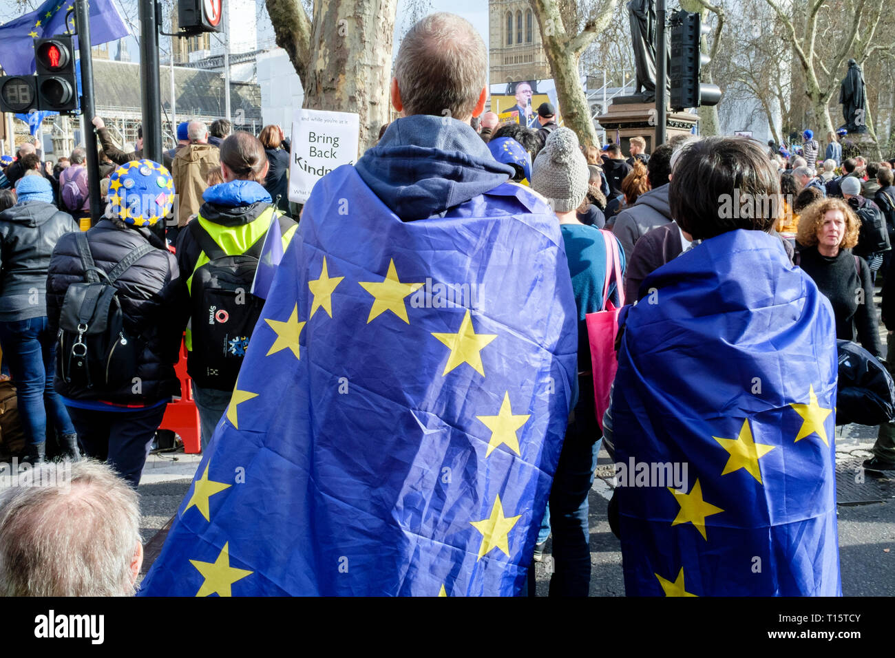 Londra, Regno Unito. Il 23 marzo 2019. Centinaia di migliaia di persone in corteo attraverso il centro di Londra chiedono una seconda votazione sul Regno Unito l'adesione all'Unione europea. Nella foto: dimostranti si riuniscono per ascoltare discorsi in piazza del Parlamento. Credito: mark phillips/Alamy Live News Foto Stock