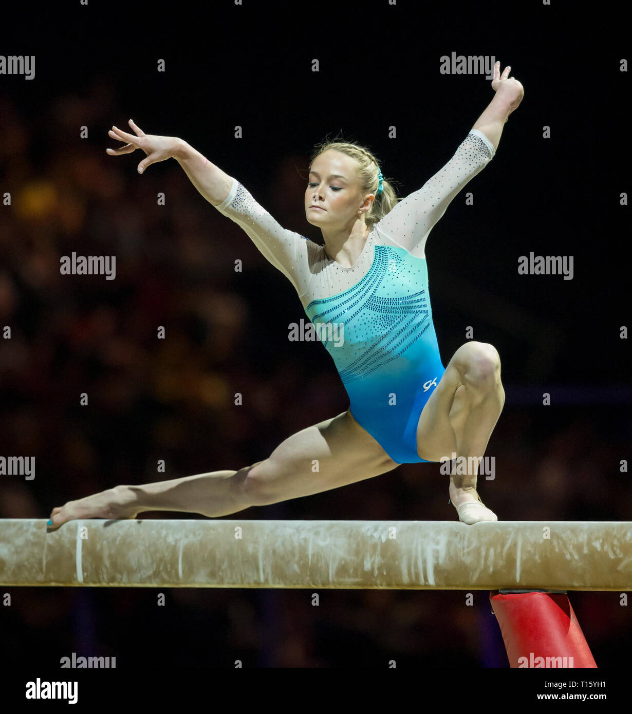 Resorts World Arena, Birmingham, Regno Unito. 23 Mar, 2019. Gymnastics World Cup; Riley McCusker (USA) compete nel fascio di equilibrio durante il 2019 Gymnastics World Cup Birmingham Credito: Azione Sport Plus/Alamy Live News Foto Stock