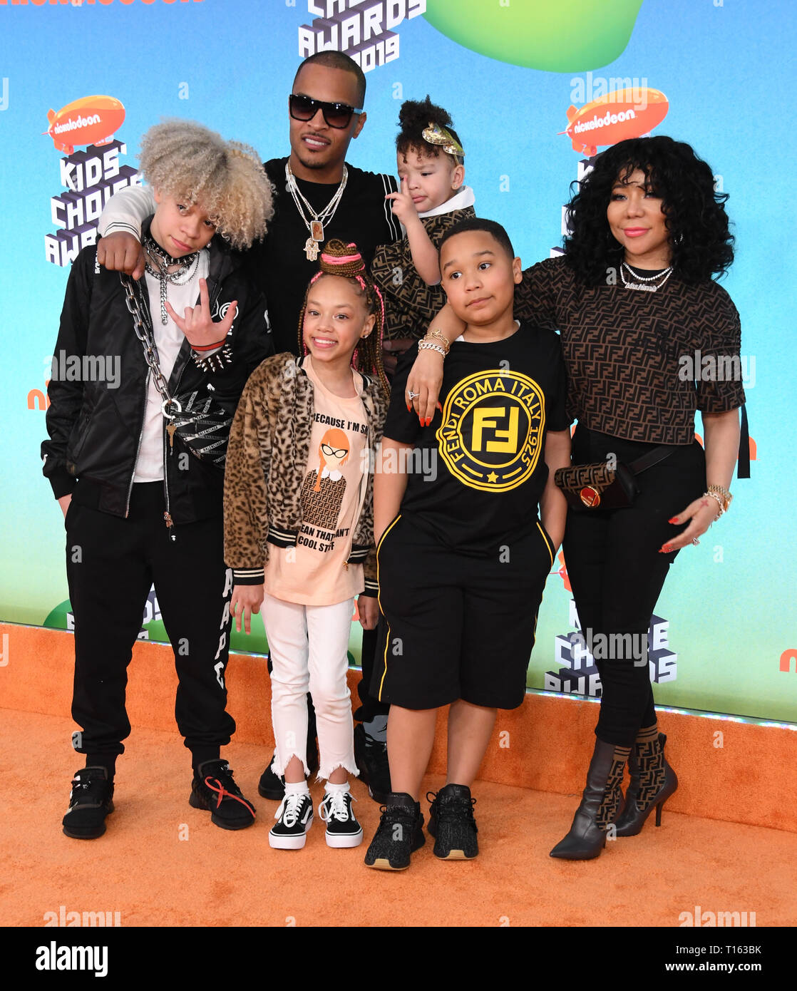 Marzo 23, 2019 - Los Angeles, California, Stati Uniti - 23 Marzo 2019 - Los Angeles, California - T.I., Tameka ''tiny'' Harris. 2019 Nickeldeon Kid's Choice Awards tenutosi presso l'USC Galen Center. Photo credit: Birdie Thompson/AdMedia (credito Immagine: © Birdie Thompson/AdMedia via ZUMA filo) Foto Stock