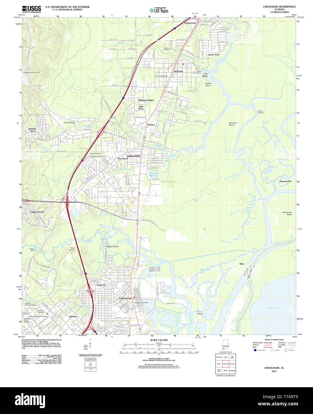 USGS TOPO Map Alabama AL Chickasaw 20110922 TM Foto Stock