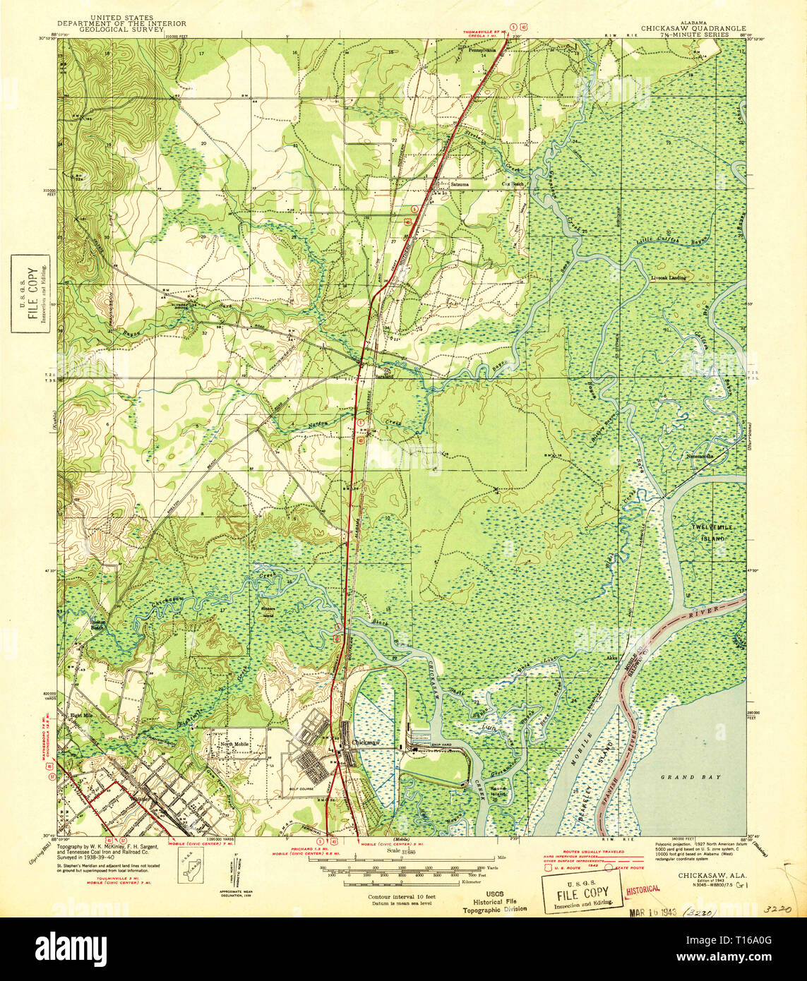 USGS TOPO Map Alabama AL Chickasaw 305431 1943 31680 Foto Stock