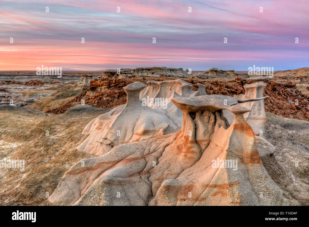 Alien ala di pietra hoodoos agsainst un pastello tramonto nel BIsit/De-Na-Zin WIlderness nel Nuovo Messico. Foto Stock