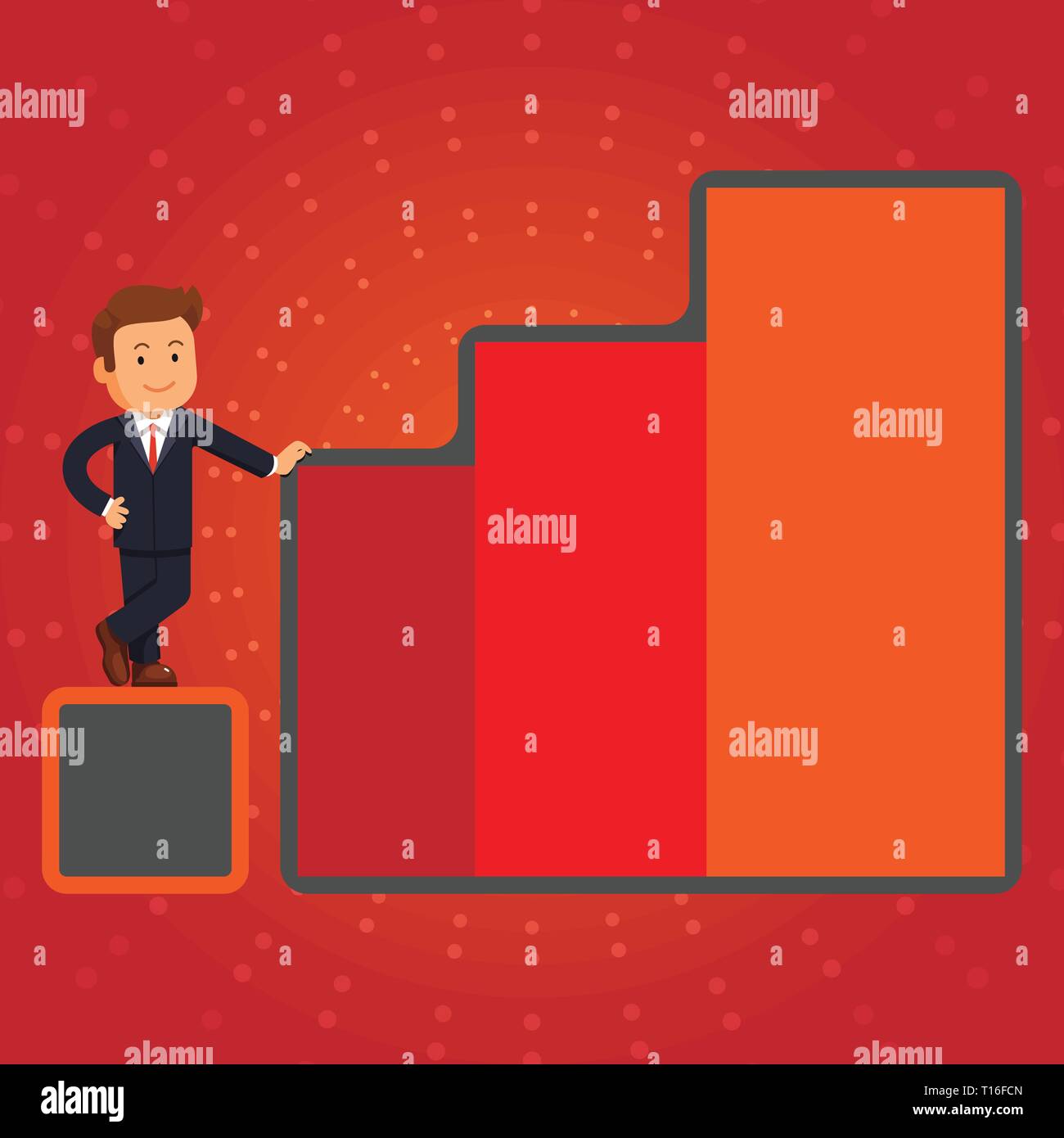Happy Businessman presentando la crescita e il successo di salita il grafico a barra colonne business Design Concept. Annuncio di attività per il sito web e la promozione banner. em Illustrazione Vettoriale