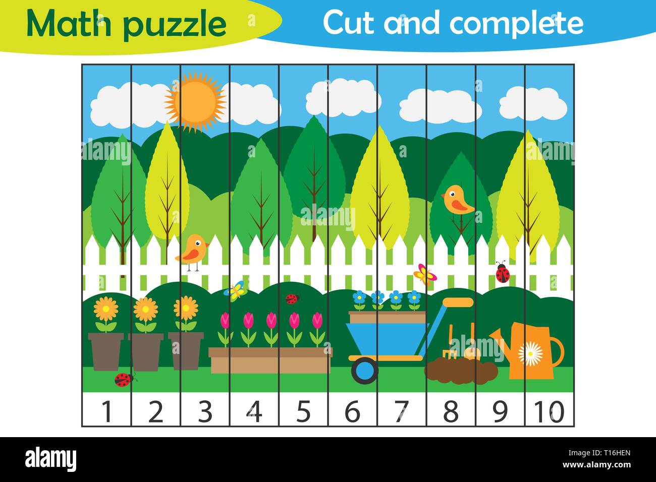 Math puzzle, spring garden picture in stile cartoon, gioco di educazione per lo sviluppo dei bambini di età prescolare, utilizzare forbici, tagliare parti dell'immagine e Illustrazione Vettoriale