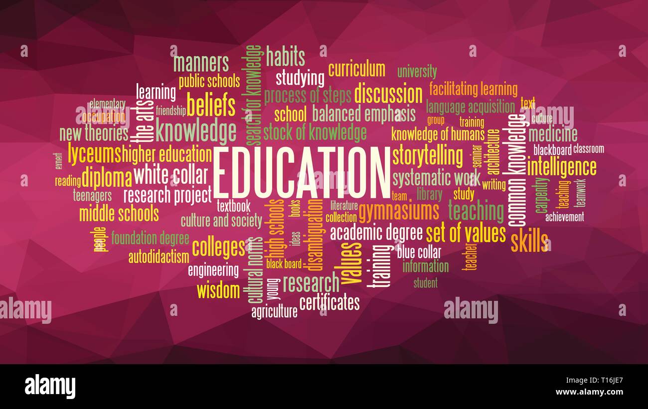 Word cloud, concetto illustrazione mostra parole legate alla conoscenza, apprendimento, educazione, saggezza e concetti simili, sulla bassa poli dello sfondo. Vector ES Illustrazione Vettoriale
