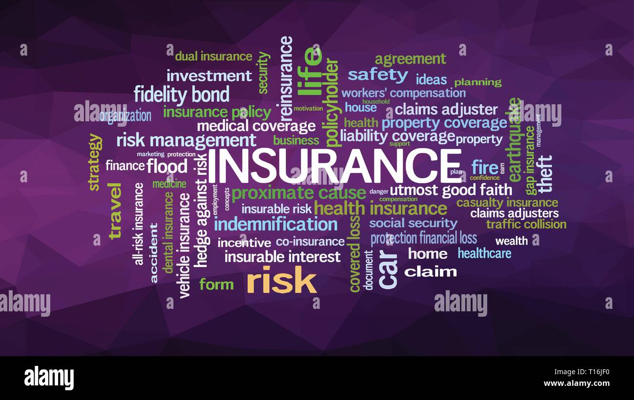 Parola di assicurazione il concetto di cloud illustrazione mostra parole correlate alla gestione dei rischi di business Illustrazione Vettoriale