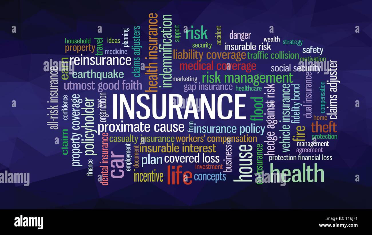 Parola di assicurazione il concetto di cloud illustrazione mostra parole correlate alla gestione dei rischi di business Illustrazione Vettoriale