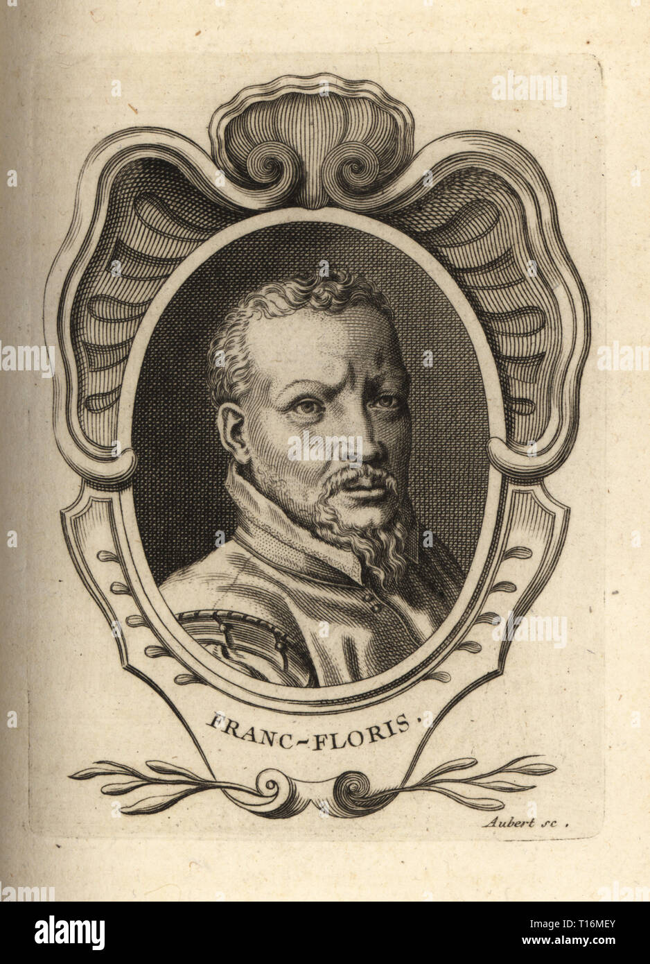 Ritratto di Frans Floris, pittore fiammingo, disegnatore, stampa artista e designer di arazzi, 1517-1570. Franc-Floris. Incisione su rame di M. Aubert dopo un ritratto da Hieronymus WIERIX da Antoine-Joseph Dezallier dâ€™Argenvilleâ€™s Abrege de la vie des plus fameux peintres", la vita dei più famosi artisti, de Bure lâ€™Aine, Parigi, 1762. Foto Stock