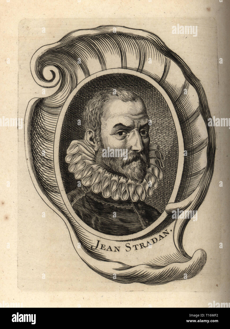 Ritratto di Giovanni Stradano o Jan Van der Straet, fiammingo manierista, 1523-1605. Jean Stradan. Incisione su rame da Antoine-Joseph Dezallier dâ€™Argenvilleâ€™s Abrege de la vie des plus fameux peintres", la vita dei più famosi artisti, de Bure lâ€™Aine, Parigi, 1762. Foto Stock