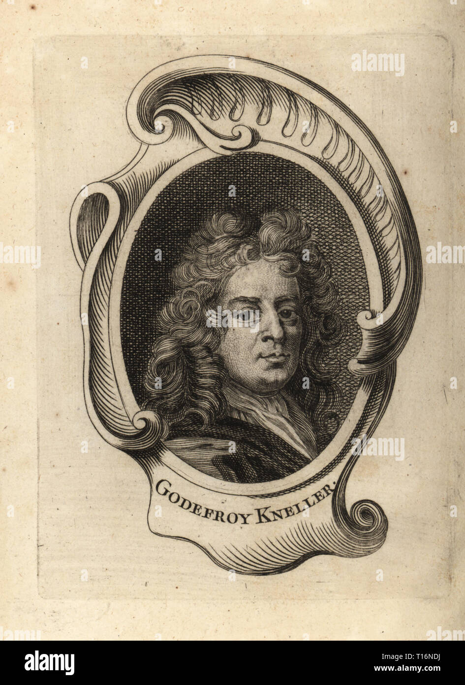 Ritratto di Sir Godfrey Kneller, olandese ritratto pittore alla corte inglese 1646-1723. Godefroy Kneller. Incisione su rame dopo un ritratto di auto da Godfrey Kneller da Antoine-Joseph Dezallier dâ€™Argenvilleâ€™s Abrege de la vie des plus fameux peintres", la vita dei più famosi artisti, de Bure lâ€™Aine, Parigi, 1762. Foto Stock