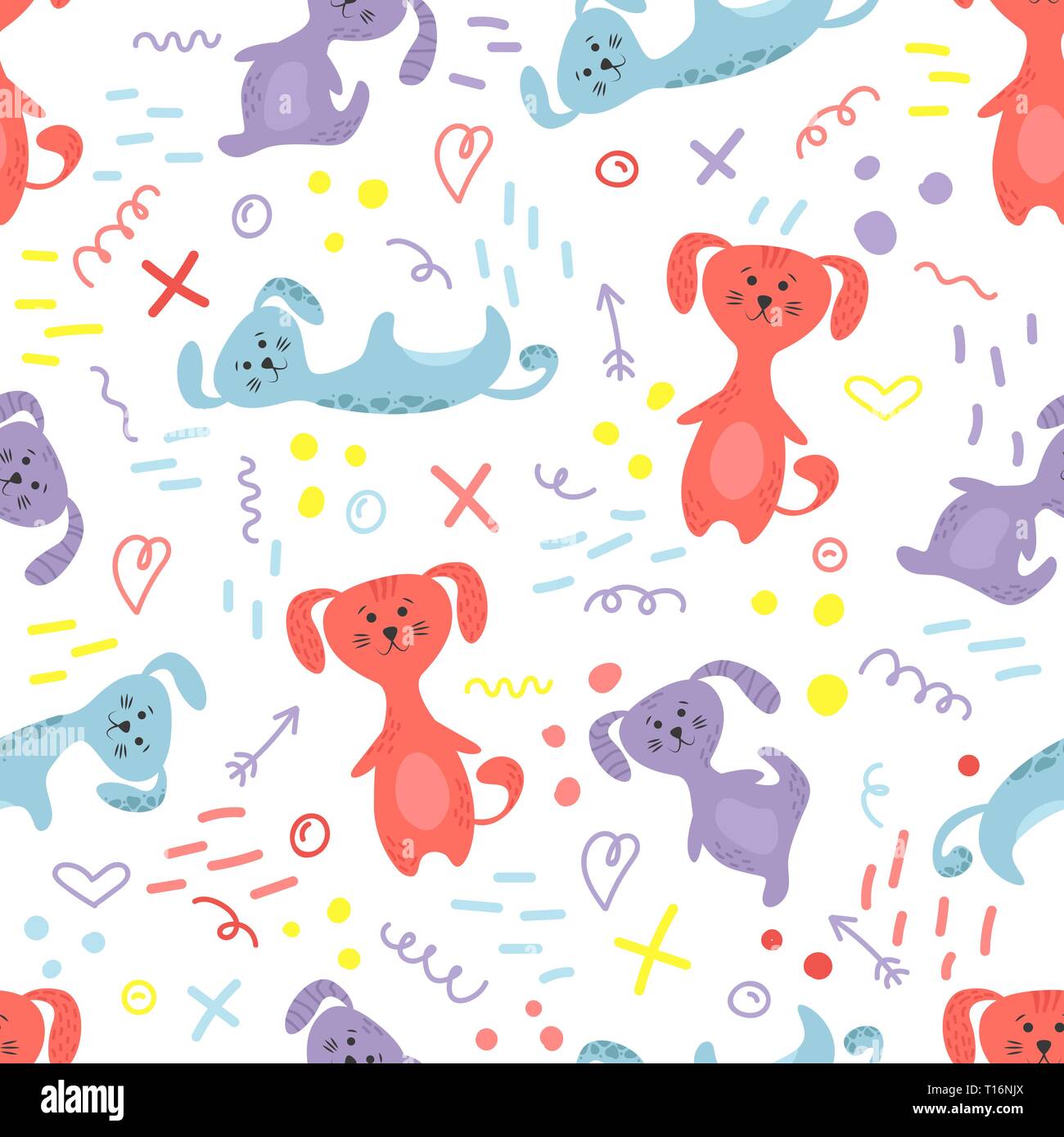 Carino seamless pattern con cani e scarabocchi. Fiori in un vaso. Hygge home. Sfondo vettoriale design. Illustrazione Vettoriale