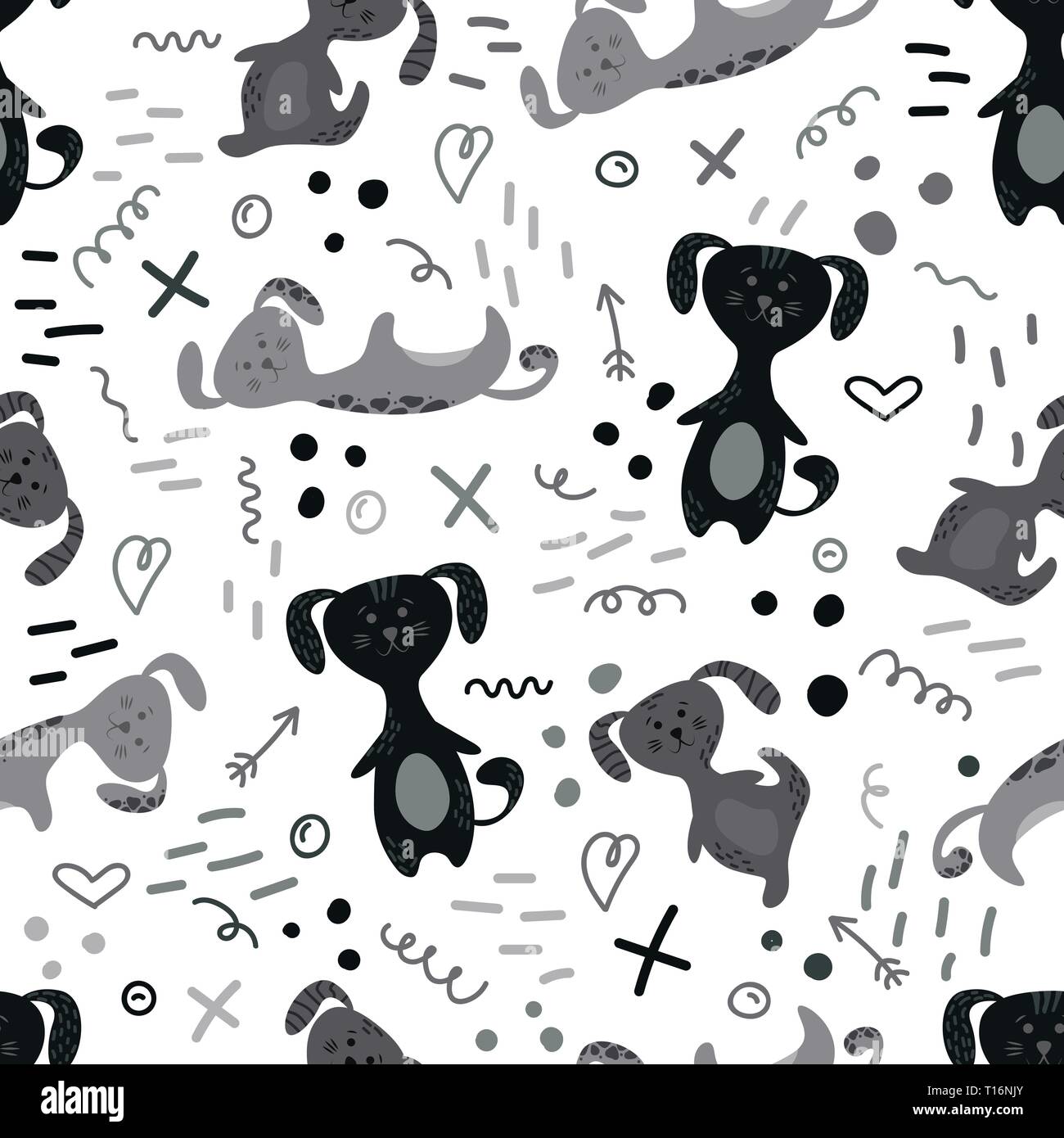 Carino seamless pattern con cani e scarabocchi. Fiori in un vaso. Hygge home. Sfondo vettoriale design. Illustrazione Vettoriale