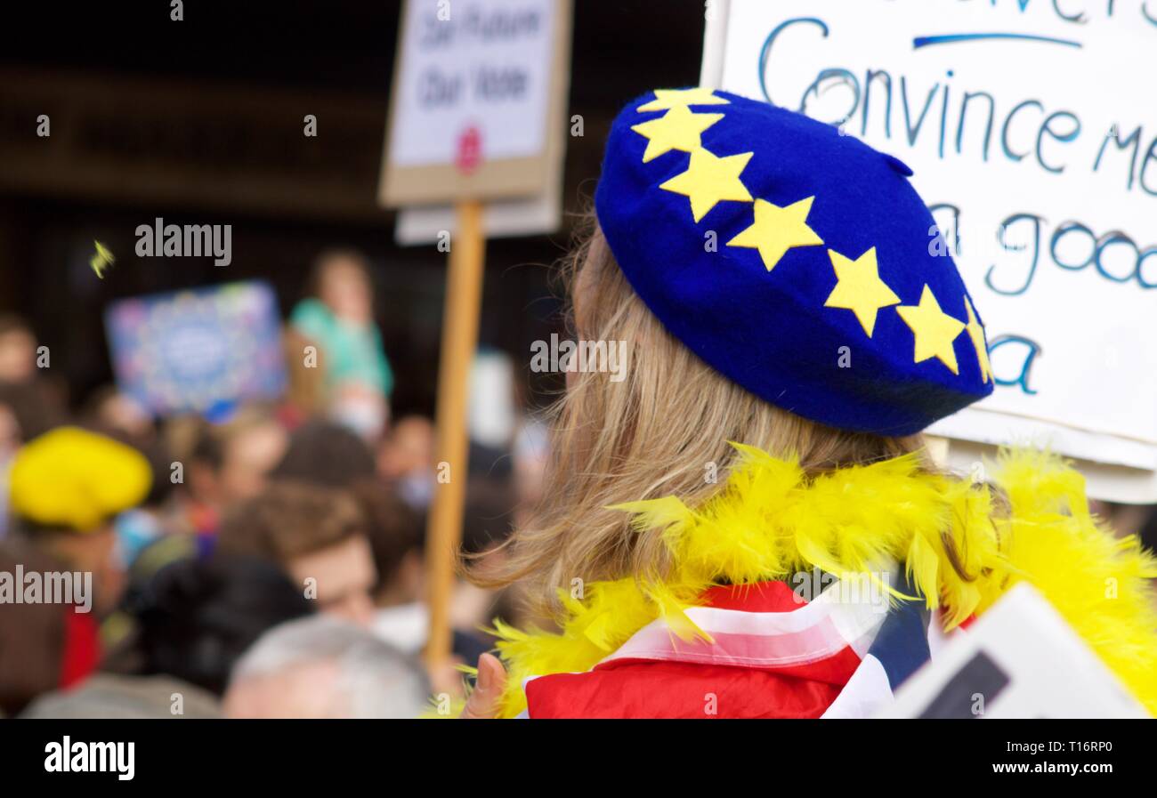 Vista posteriore della donna in blu europeo berreto con stelle dorate a Brexit rally a Londra con cartelli in background Foto Stock