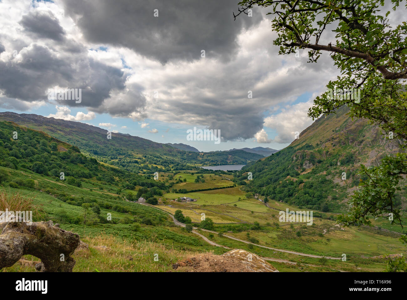 Panorama su Llyn Gwynant e la sua valle, Wales, Regno Unito Foto Stock