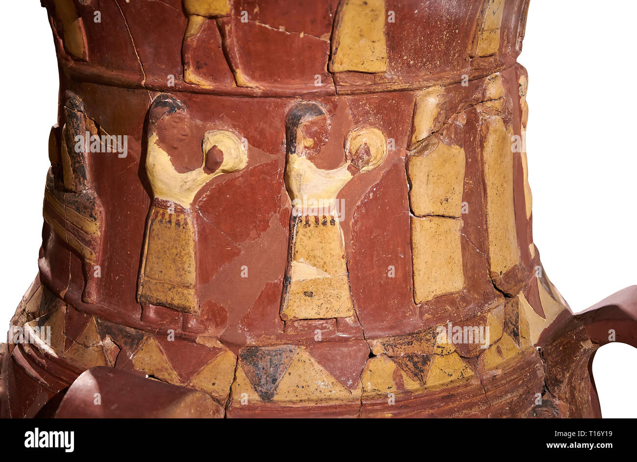 Close up Inandik Hittita decorate in rilievo culto libagione vaso decorato con donne figure a rilievo colorate di crema, il rosso e il nero gioca instr Foto Stock