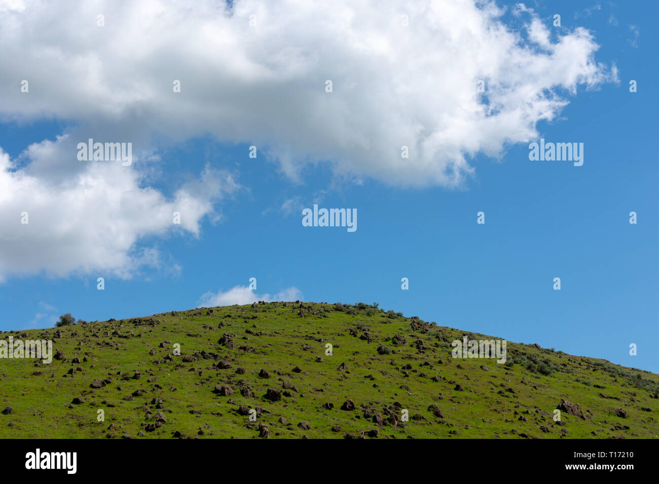 Verde collina ricoperta di roccia dispersi sotto il bellissimo cielo Foto Stock