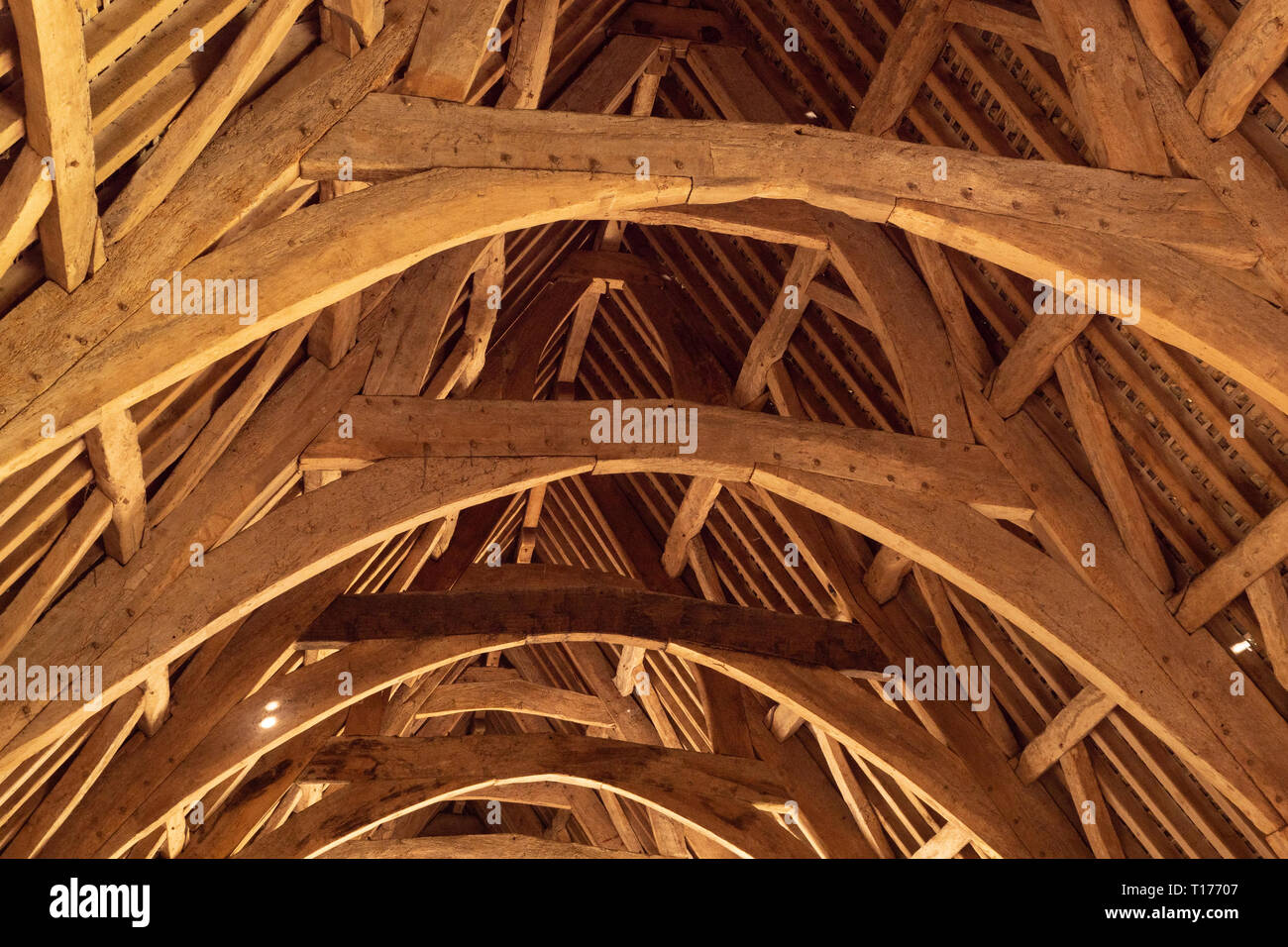 Palmare shot della parte interna del tetto presso la sala Tithe Barn, Bradford on Avon, Wiltshire, Regno Unito. Foto Stock