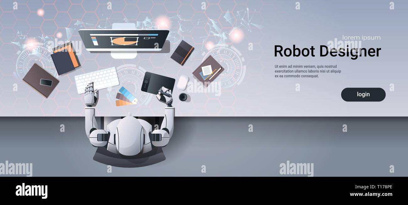 Robot graphic designer seduto presso il creative design studio workplace desk office stuff del processo di lavoro alto angolo di visione artificiale tecnologia intelligence Illustrazione Vettoriale