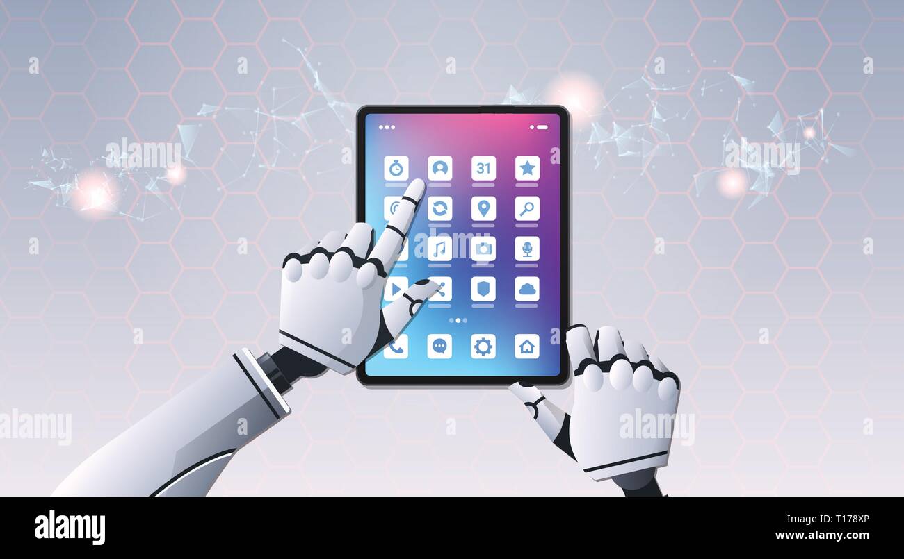 Mani robotiche utilizzando computer tablet applicazione angolo superiore vista intelligenza artificiale digitale tecnologia futuristico concetto orizzontale Illustrazione Vettoriale