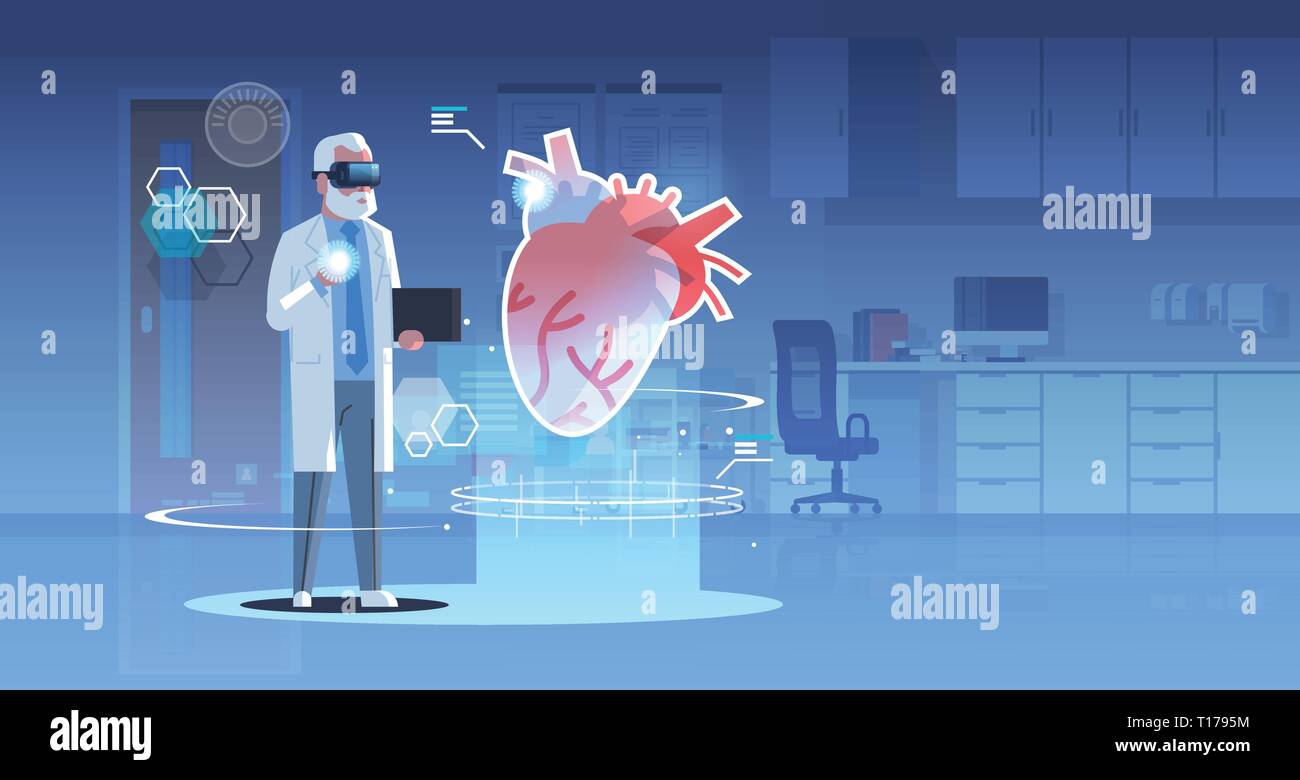 Medico di sesso maschile che indossa gli occhiali digitali cercando la realtà virtuale cuore organo umano anatomia healthcare medical vr auricolare vision concept ufficio ospedale Illustrazione Vettoriale