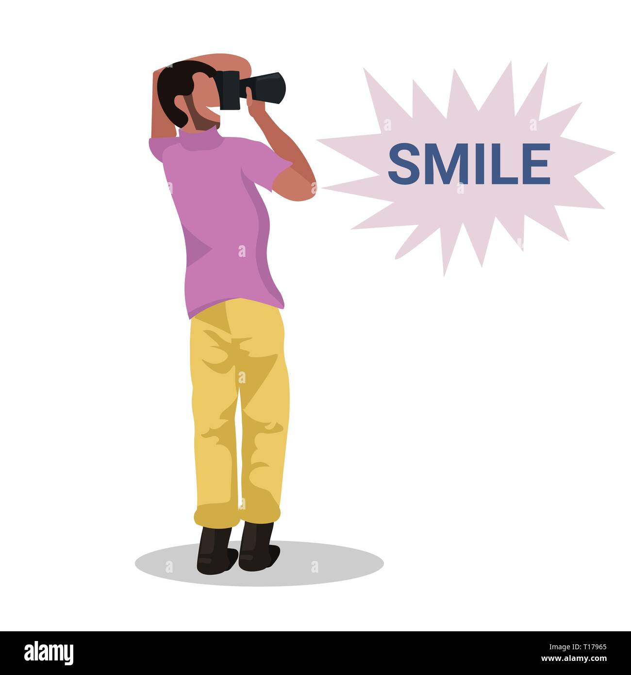 Fotografo man tenendo la foto con la fotocamera americano africano permanente carattere di tiro e maschio personaggio dei cartoni animati a piena lunghezza piatto sfondo bianco Illustrazione Vettoriale