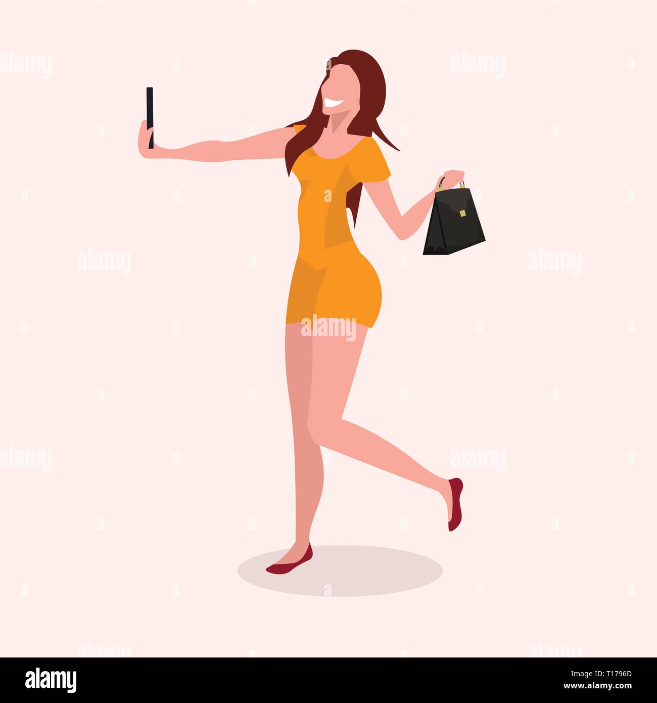 Donna prendendo selfie foto sulla fotocamera dello smartphone ragazza con borsetta in posa e sorridente femmina personaggio dei cartoni animati a piena lunghezza flat Illustrazione Vettoriale