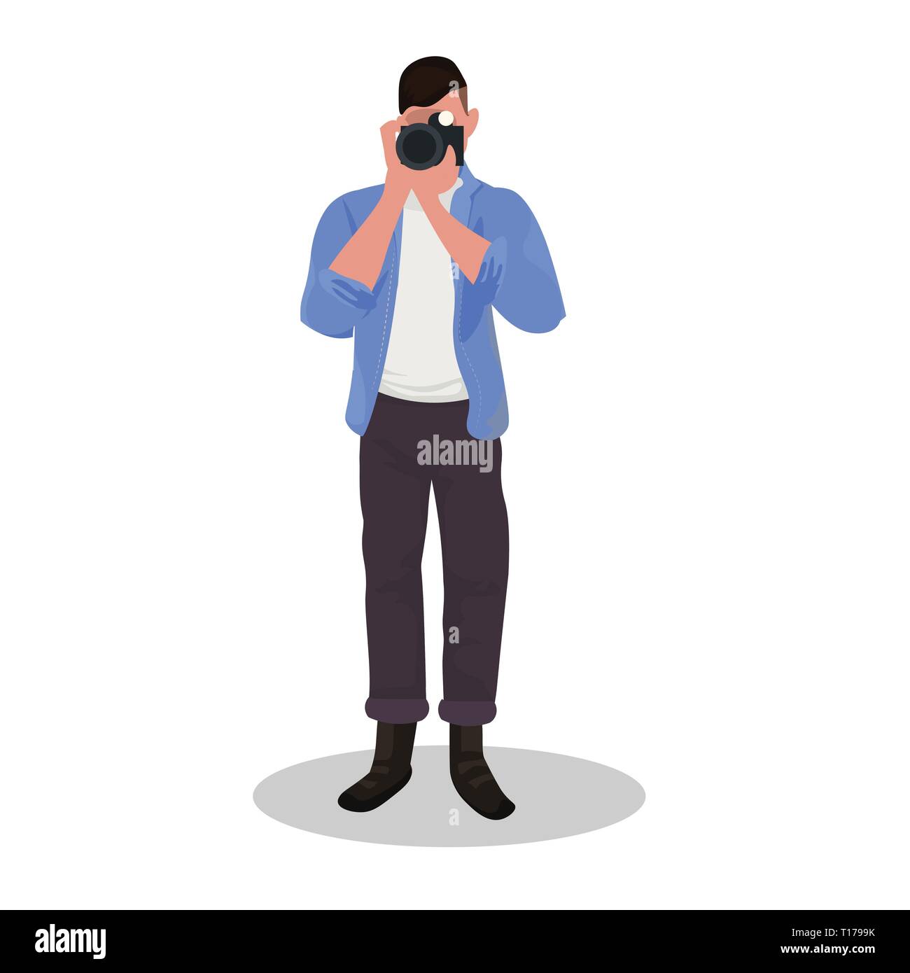 Fotografo man tenendo la foto con la fotocamera personaggio maschile in piedi e la ripresa di attività professionale Concept cartoon caratteri di lunghezza completa flat Illustrazione Vettoriale