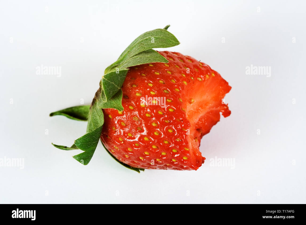 Un morso fragola. Isolati contro uno sfondo bianco. Foto Stock