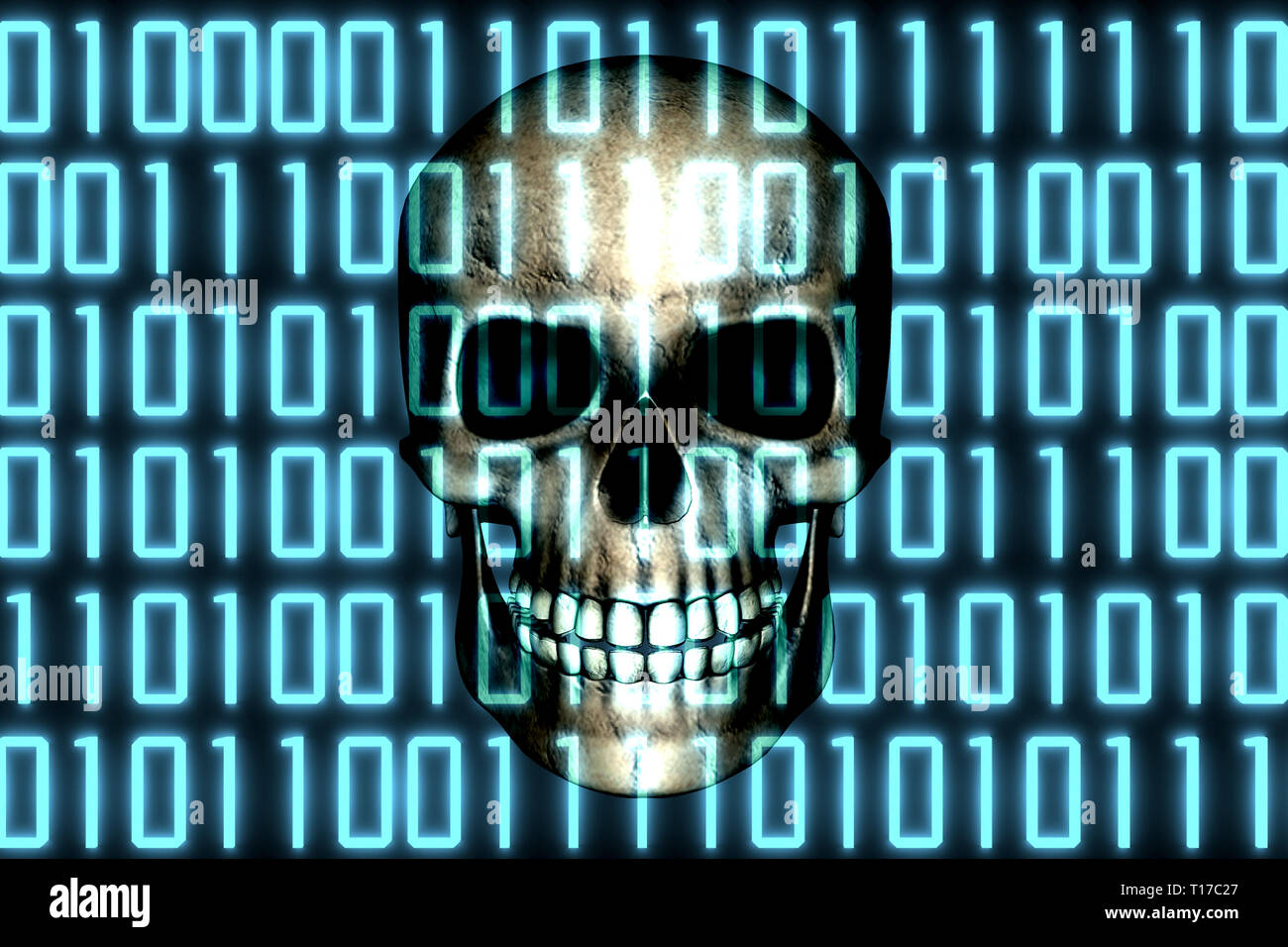 Cranio umano dietro il codice digitale binario del software. Virus Malware Cyber concetto di minaccia Foto Stock