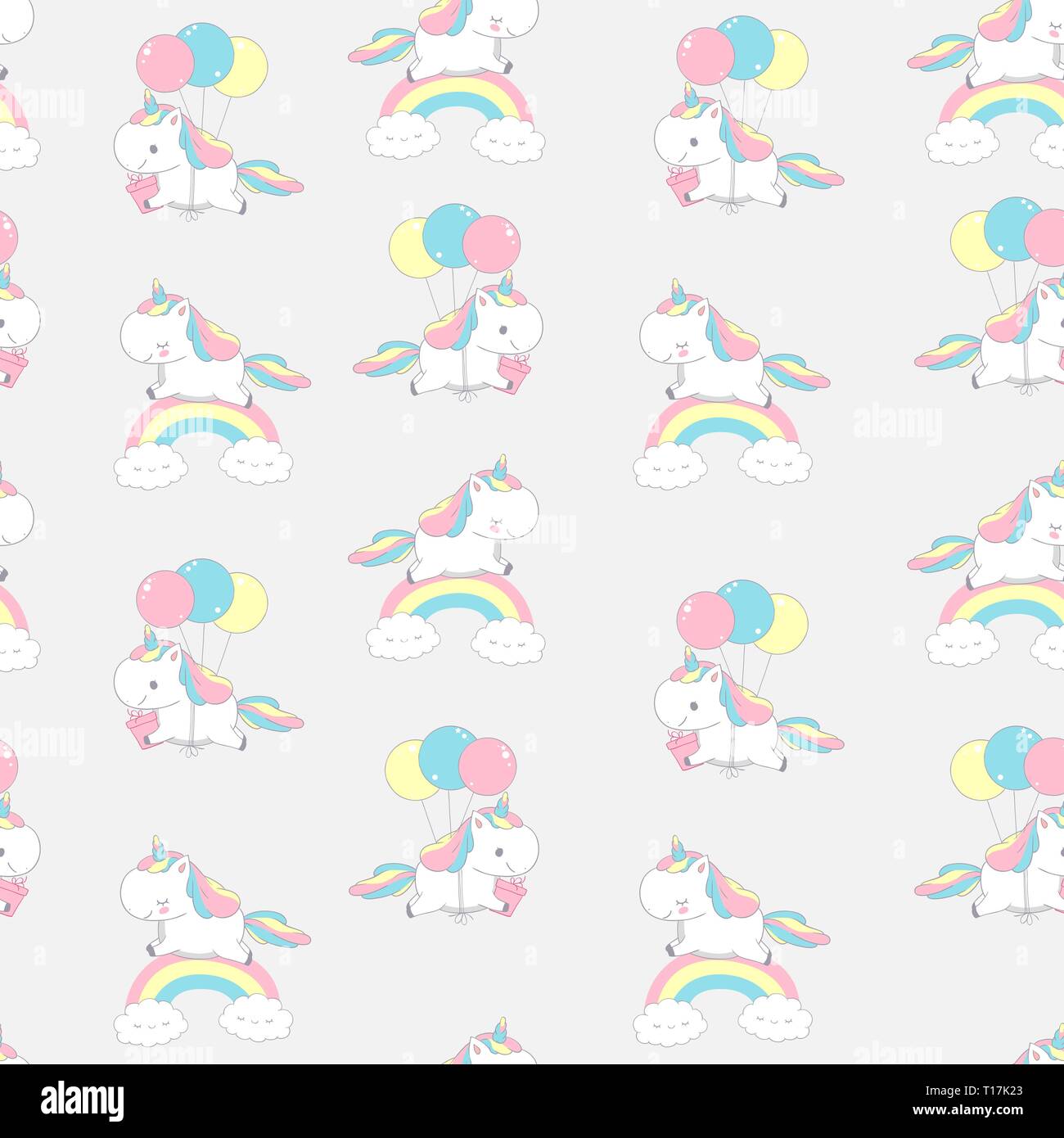 Unicorn Rainbow Cool sogno Seamless Pattern per la fata scarabocchio. Happy Fun Pony volare sul palloncino astratta. La Festa magica elemento da fiaba di design per bambino Illustrazione Vettoriale
