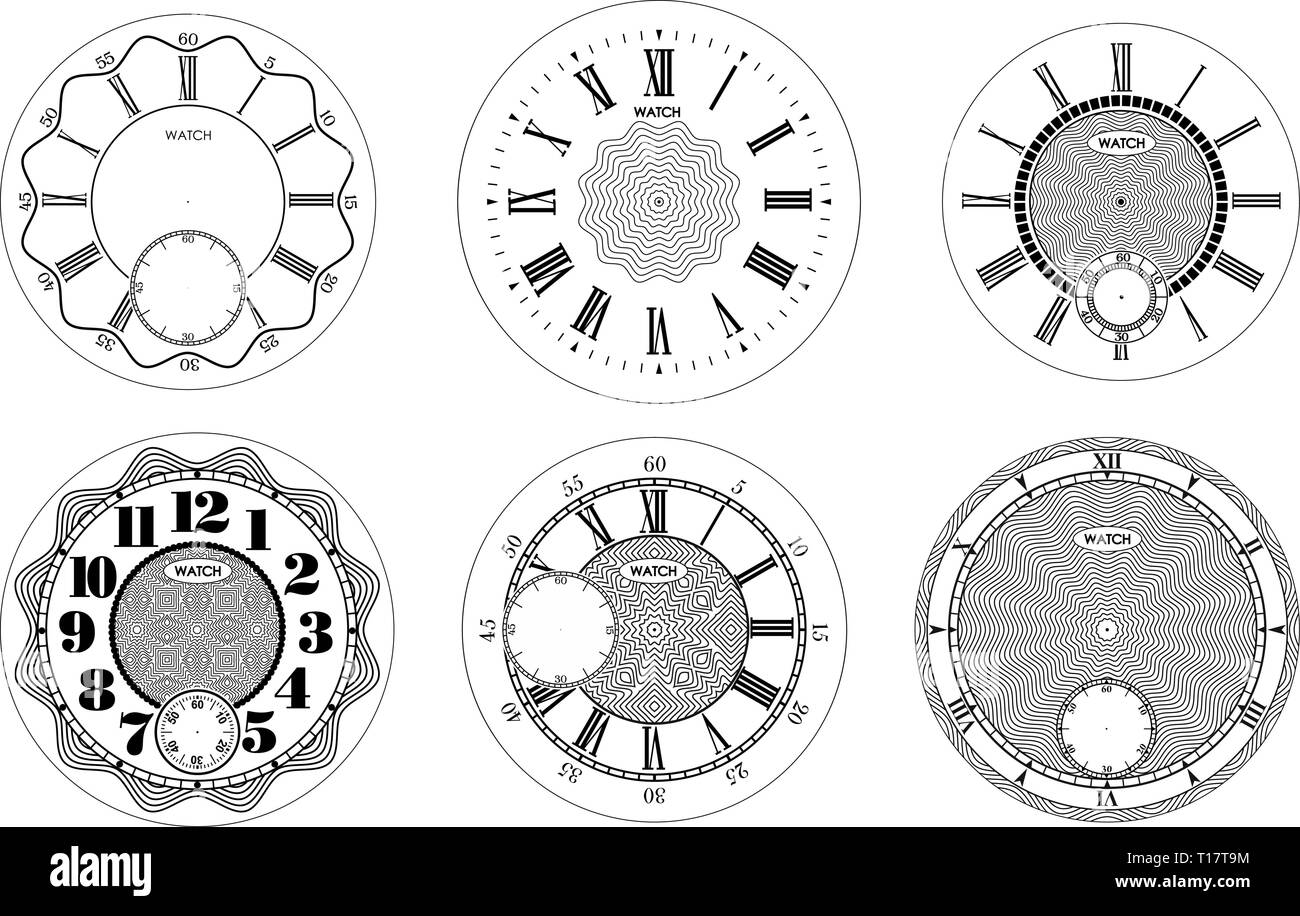 Orologio impostato in bianco isolato su sfondo bianco. Vector watch design. Vintage numero romano illustrazione di clock. Il numero nero scala rotonda Illustrazione Vettoriale