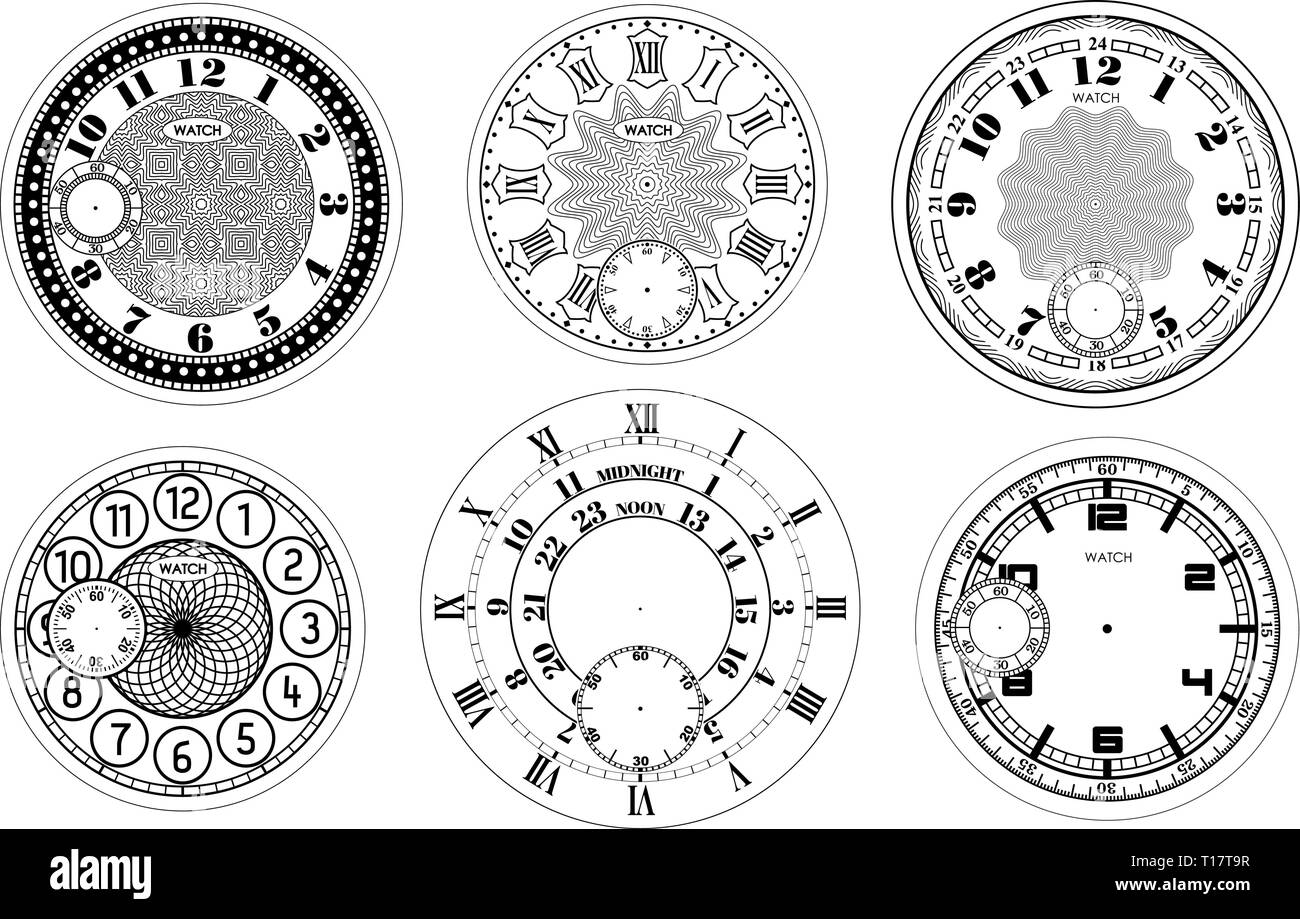 Orologio impostato in bianco isolato su sfondo bianco. Vector watch design. Vintage numero romano illustrazione di clock. Il numero nero scala rotonda Illustrazione Vettoriale