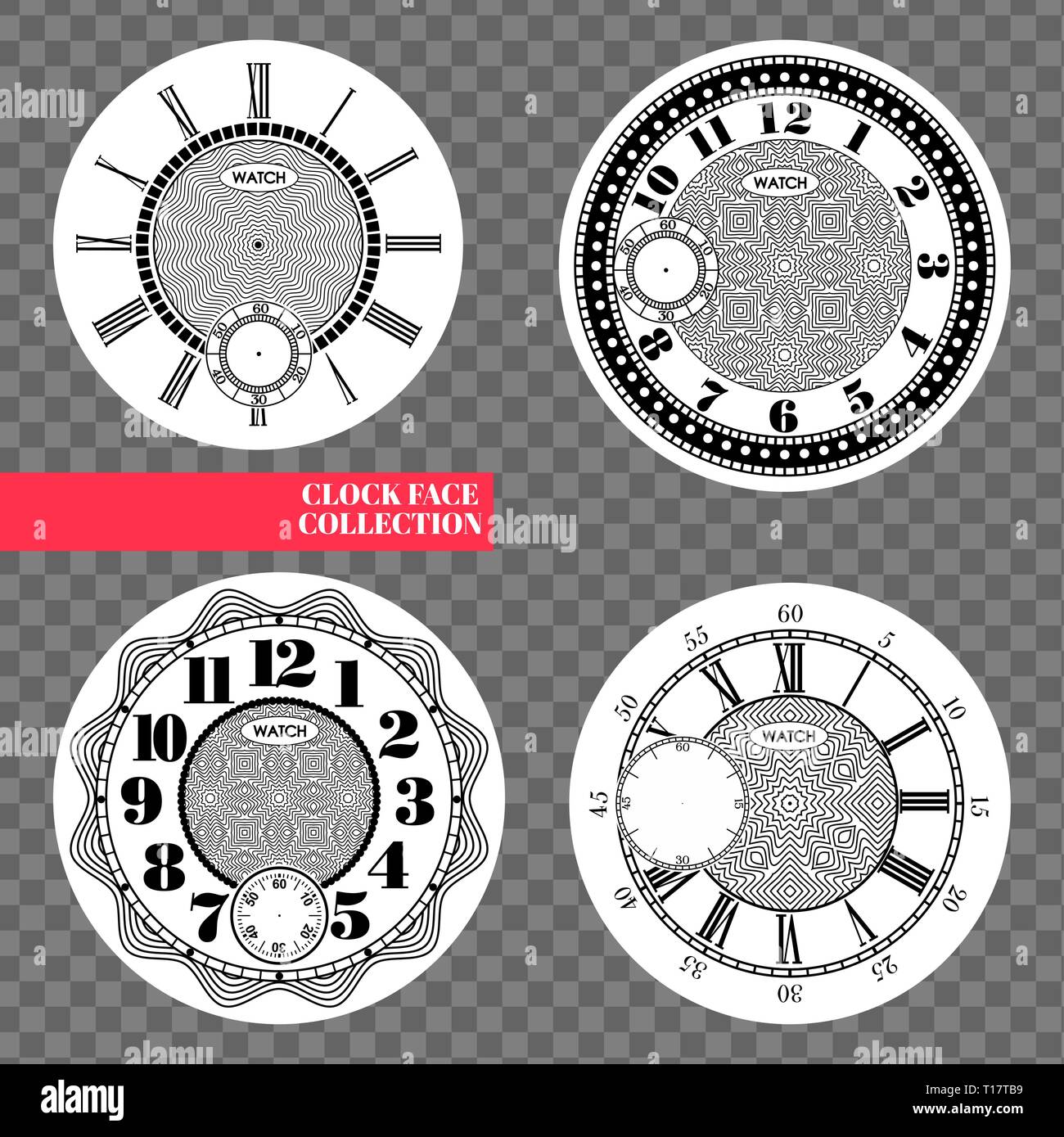 Orologio impostato vuota isolata su sfondo trasparente. Vector watch design. Vintage numero romano illustrazione di clock. Il numero nero scala rotonda Illustrazione Vettoriale
