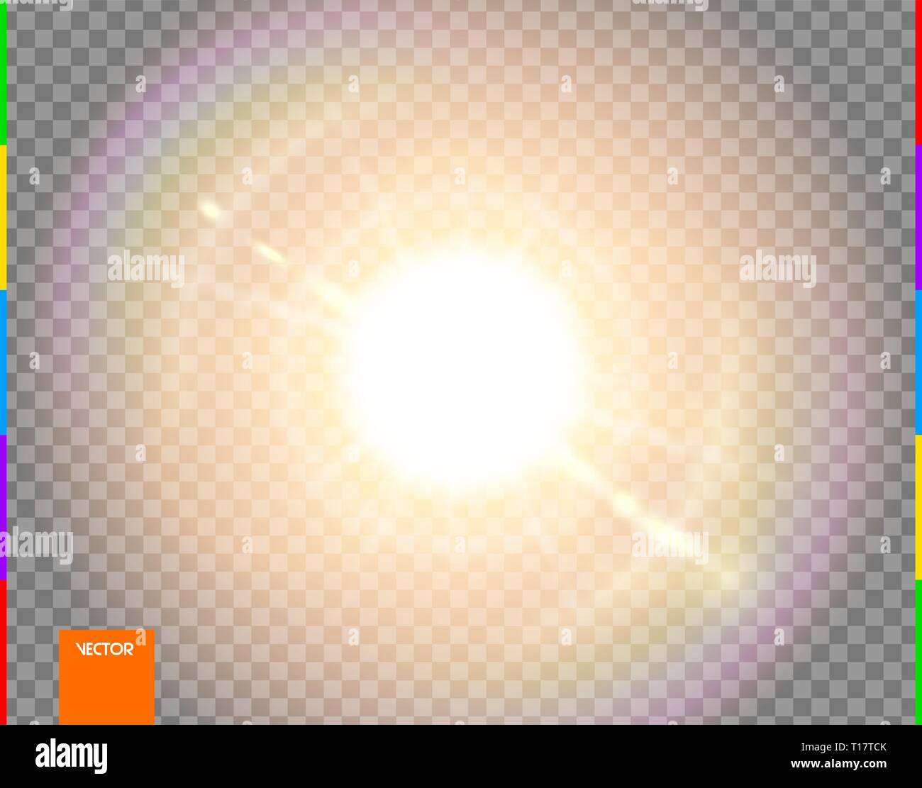 Vettore sole. Bagliore di luce solare trasparente speciale lente flare effetto di luce. Isolate i raggi di flash e spotlight. Golden anteriore sfondo semitrasparente. Le sfocature Illustrazione Vettoriale