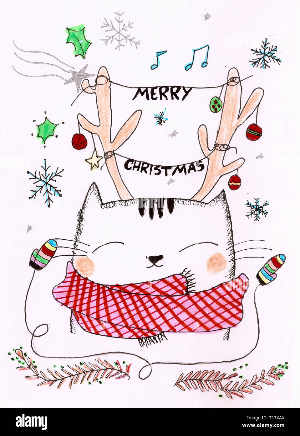 Cute cat con un corno di renna che indossa una sciarpa su uno scenario di Natale augurando un Buon Natale Foto Stock Cute cat con un corno di renna che indossa una sciarpa su uno scenario di Natale augurando un Buon Natale Foto Stock