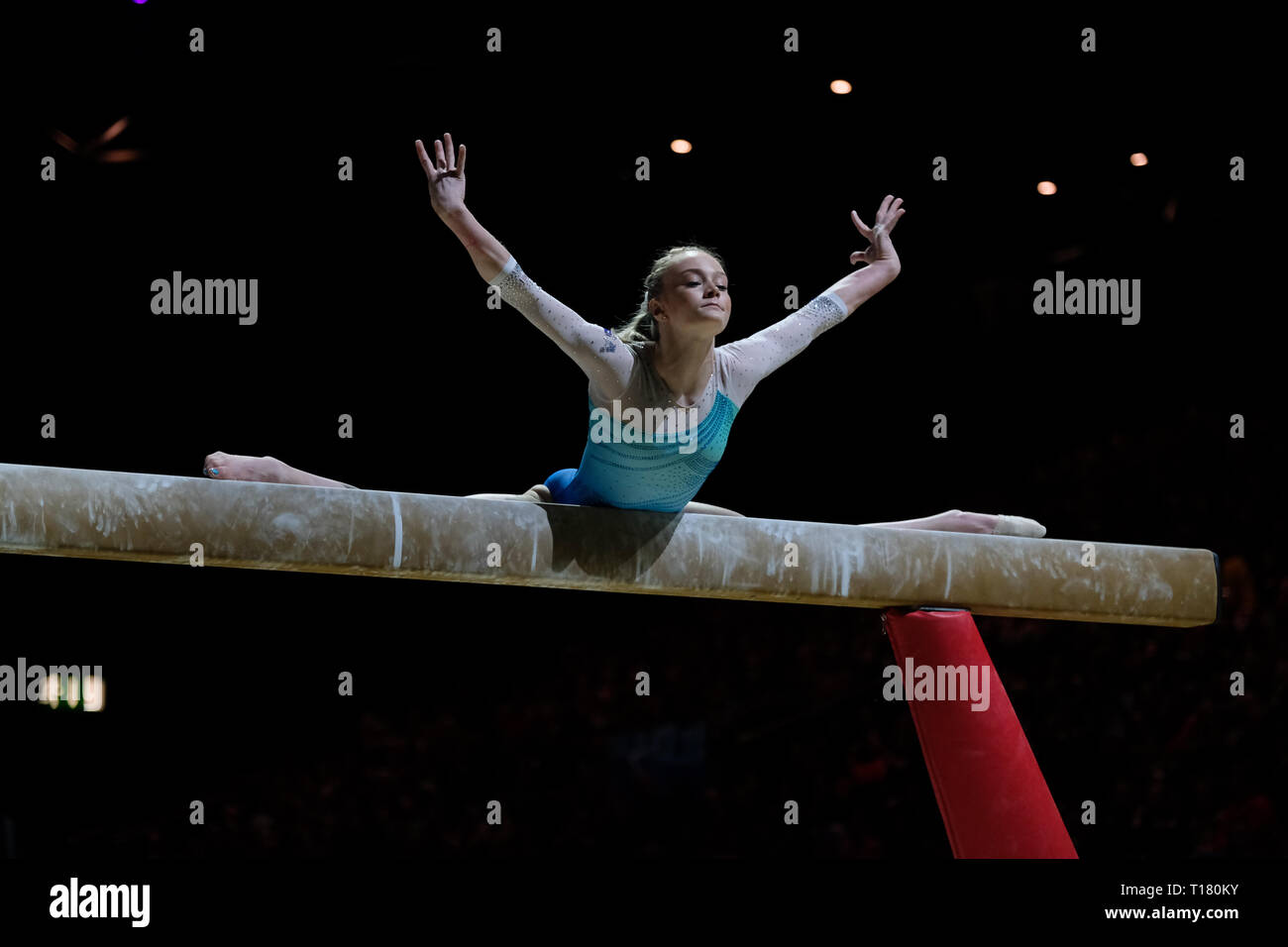 Birmingham, Regno Unito. 23 Marzo 2019.Riley McCusker (USA) esecuzione alla donna della concorrenza per la ginnastica di Coppa del Mondo a Birmingham, Regno Unito. Credito: Giovanni Strondl. Credito: Giovanni Strondl/Alamy Live News Foto Stock