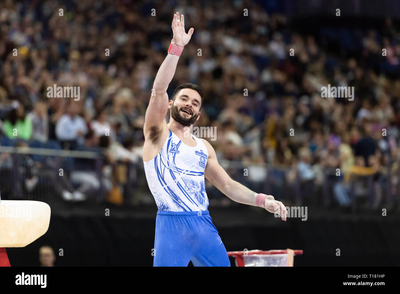 Londra, Regno Unito. 23 Mar, 2019. James Hall sul cavallo durante la Matchroom Multisport presenta il 2019 Superstars di ginnastica all'Arena O2, sabato 23 marzo 2019. Londra Inghilterra. Credito: Taka Wu/Alamy Live News Foto Stock