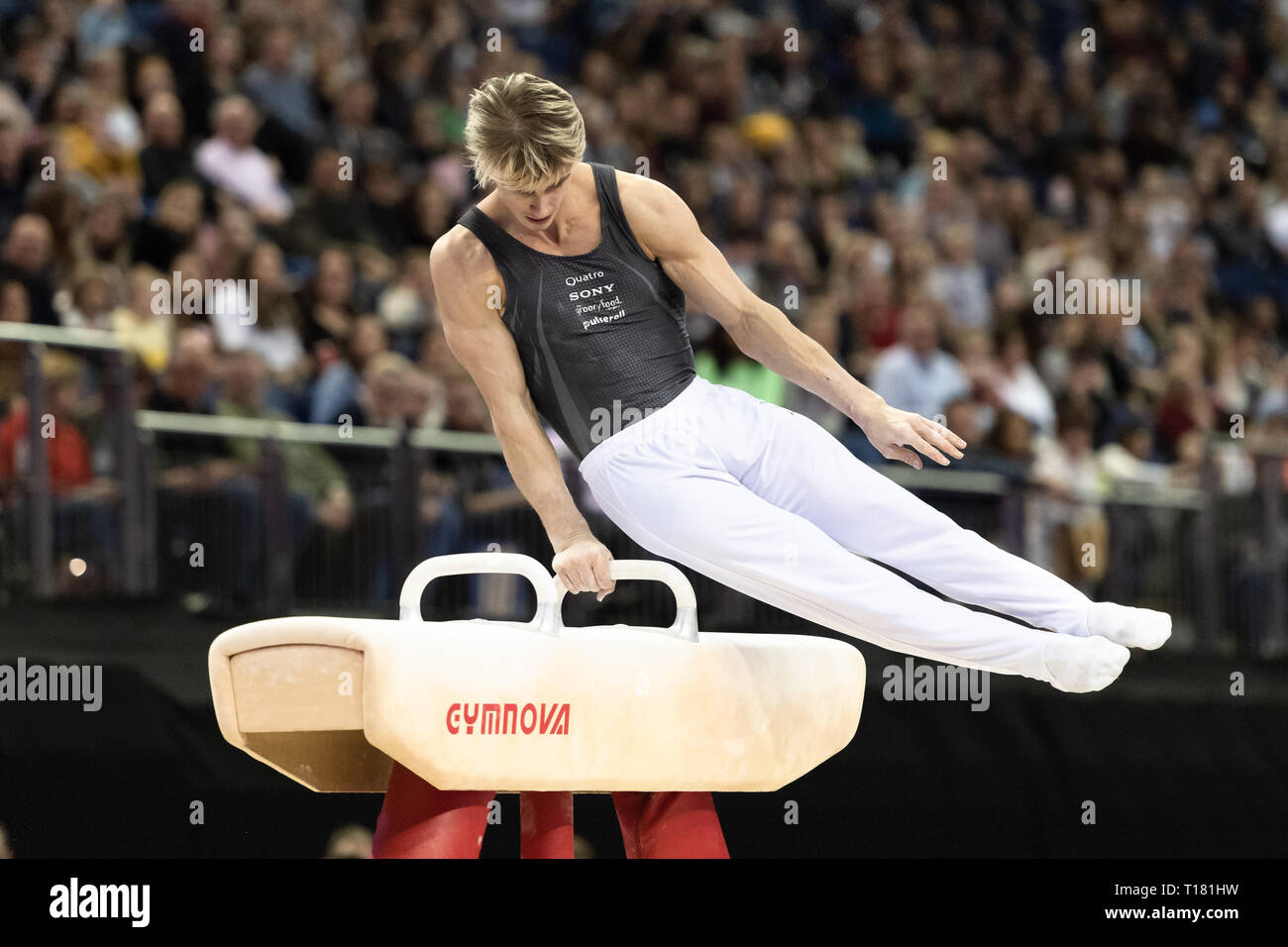 Londra, Regno Unito. 23 Mar, 2019. Jay Thompson sul cavallo durante la Matchroom Multisport presenta il 2019 Superstars di ginnastica all'Arena O2, sabato 23 marzo 2019. Londra Inghilterra. Credito: Taka Wu/Alamy Live News Foto Stock