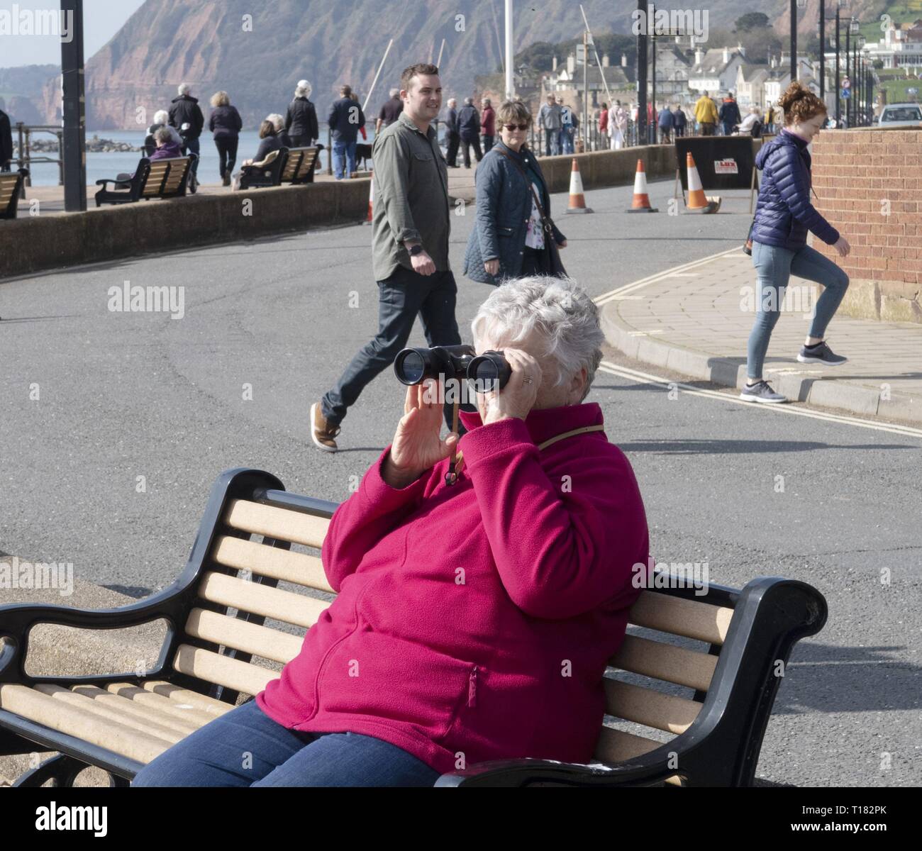 Sidmouth, Regno Unito. 24 Mar, 2019. Visitatori dare una buona occhiata intorno al mare in una giornata di sole a Sidmouth. Credit: Foto centrale/Alamy Live News Foto Stock