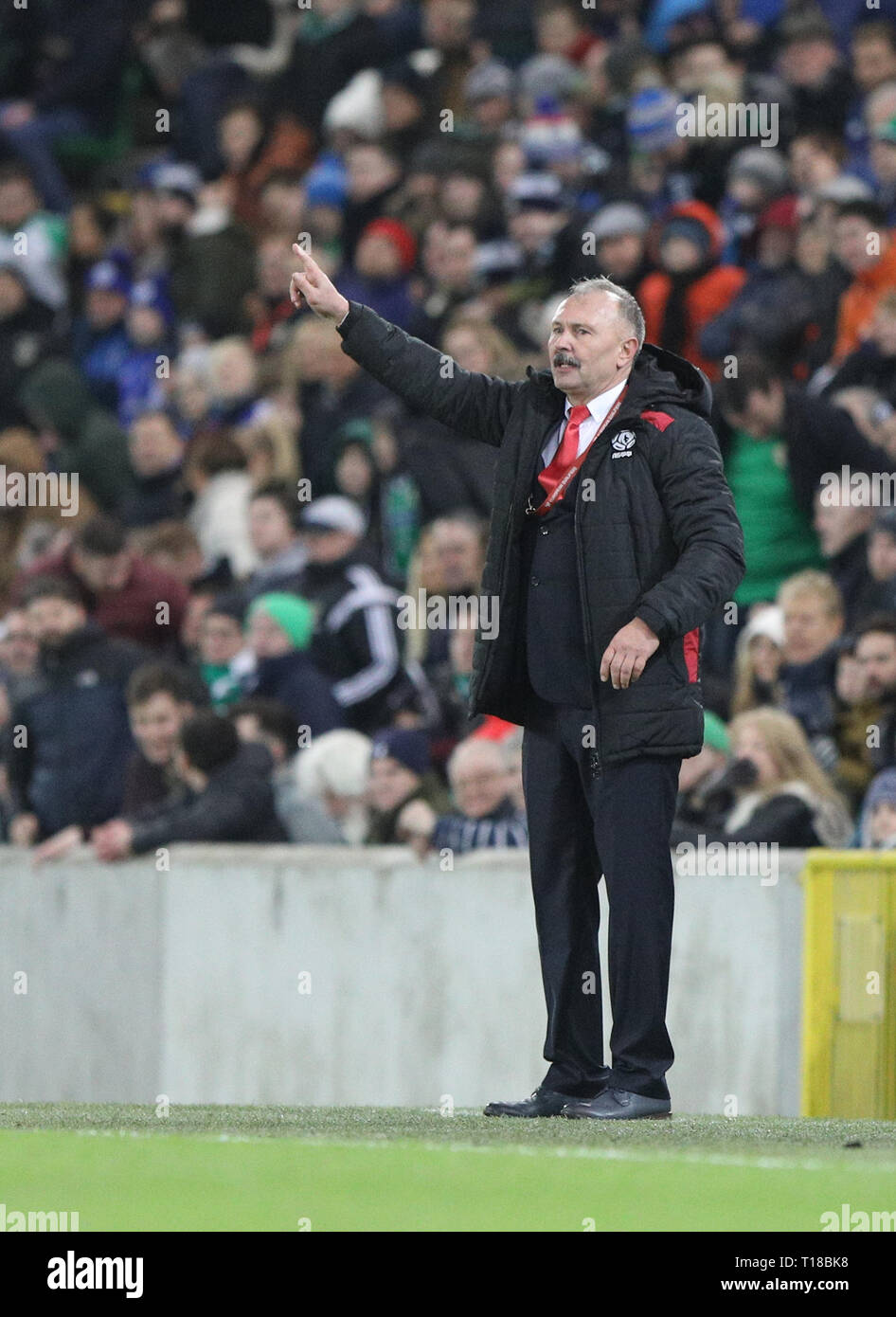 Windsor Park, Belfast, Irlanda del Nord. 24 Mar, 2019. Il Campionato Europeo UEFA football di qualificazione, l'Irlanda del Nord contro la Bielorussia; Bielorussia Coach Igor Kriushenko Credito: Azione Sport Plus/Alamy Live News Foto Stock