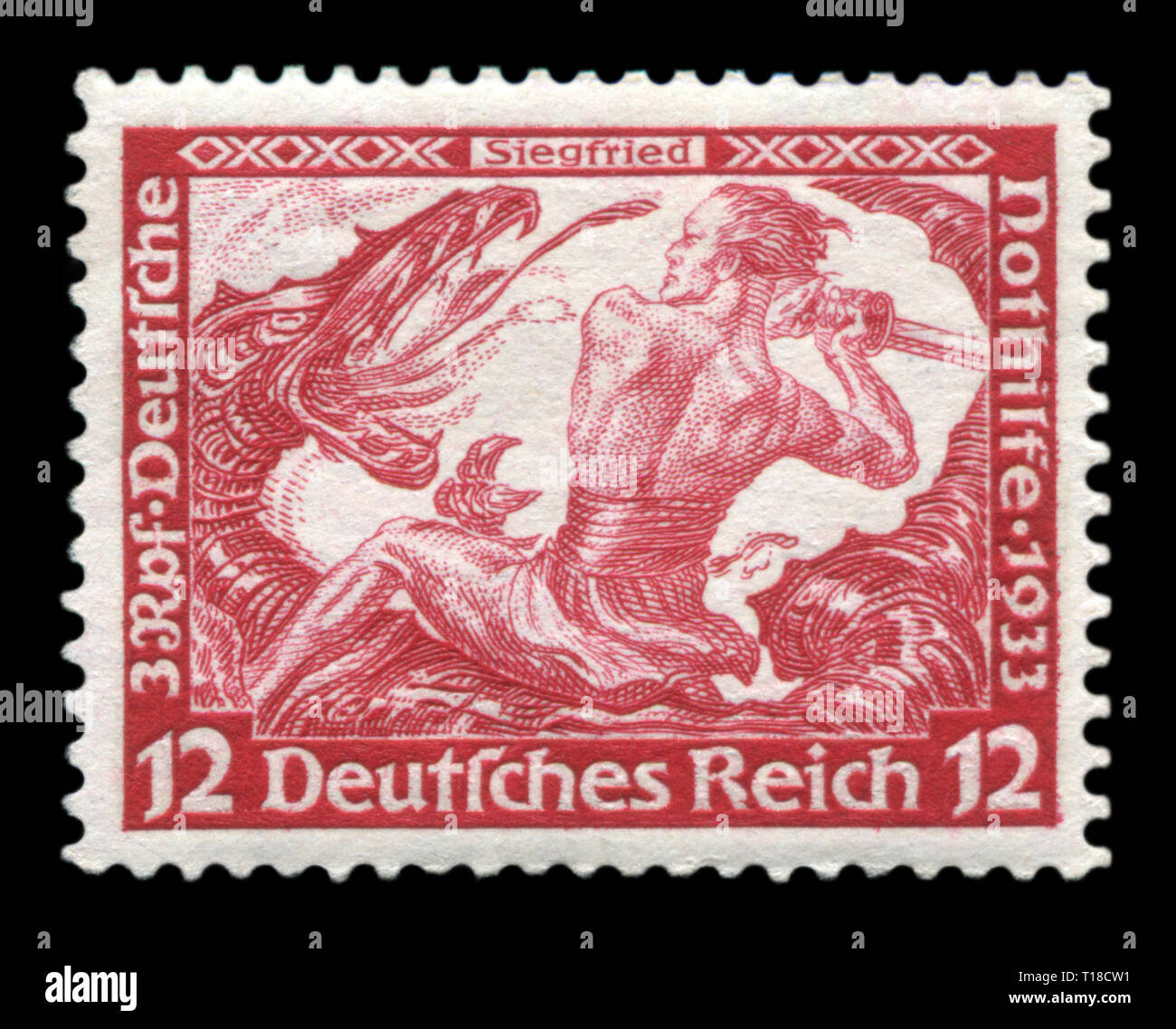 German Historical timbro: Siegfried che uccide il drago, da Richard Wagner, l 'assistenza di emergenza fondo", 1933, Germania, il terzo Reich Foto Stock