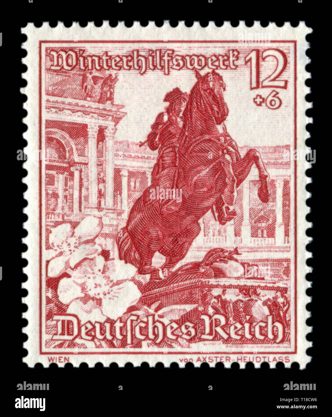 German Historical timbro: Monumento al Principe Eugenio e wild rose fiori. Questa statua equestre sorge sulla piazza Helden, Vienna, 'Germania Est', 1938 Foto Stock