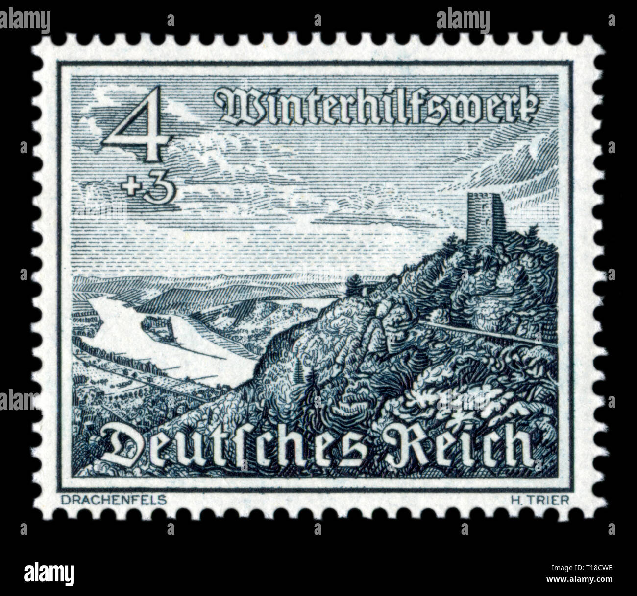 German Historical timbro: Il Drachenfels Mountain, il fiume Reno e le rovine del castello. Luogo dove Siegfried ucciso il drago (legenda), 1939, Germania Foto Stock