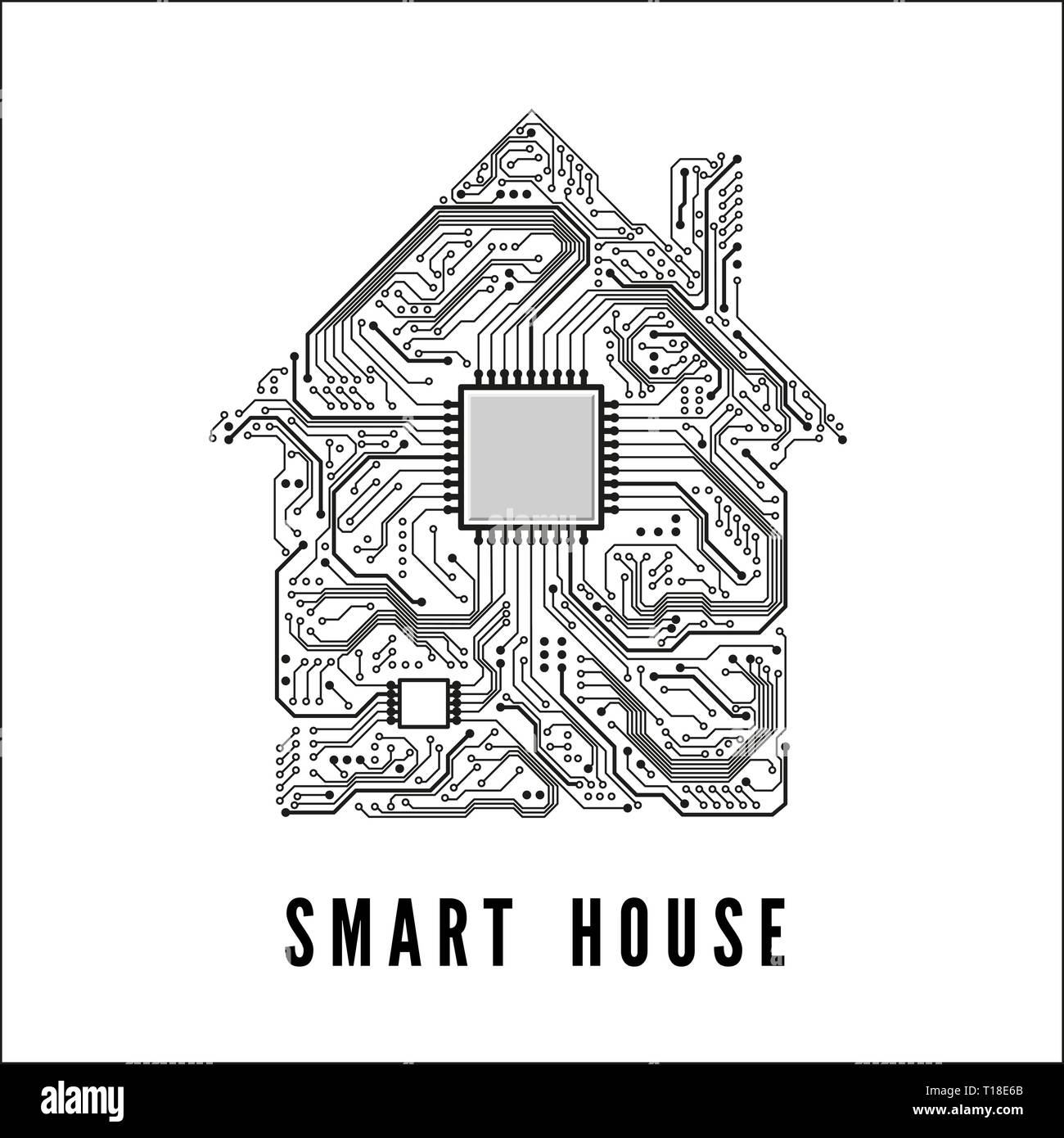 Casa intelligente concetto. Home dal circuito di tracce e CPU. Illustrazione Vettoriale Illustrazione Vettoriale