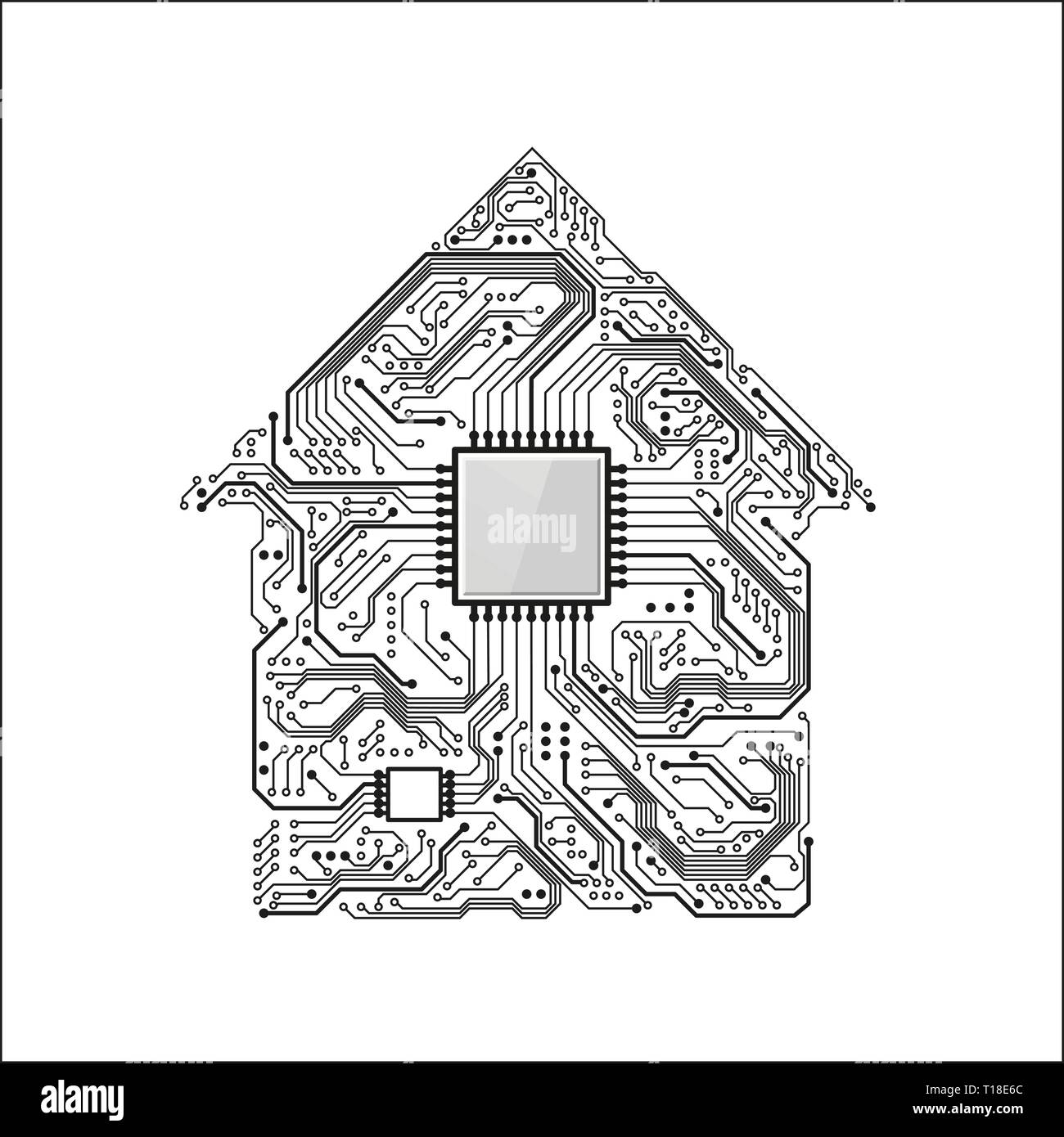 Smart Home Concetto. Circuito di casa con la CPU La tecnologia del futuro dello sfondo. Illustrazione Vettoriale Illustrazione Vettoriale