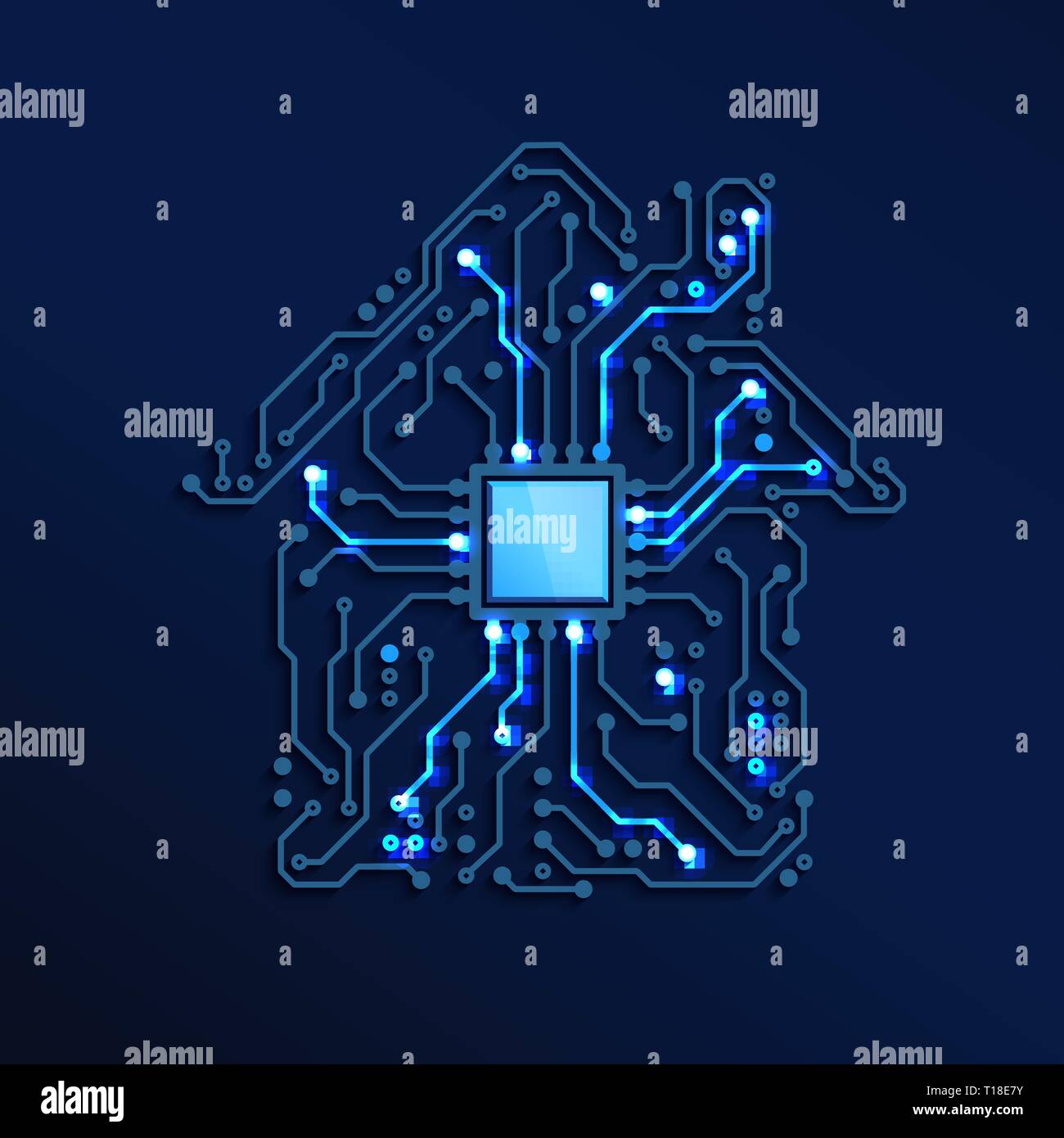 Smart Home o concetto IOT. Circuito blu casa con CPU all'interno. Futuro e innovazione tecnologia dello sfondo. Illustrazione Vettoriale Illustrazione Vettoriale