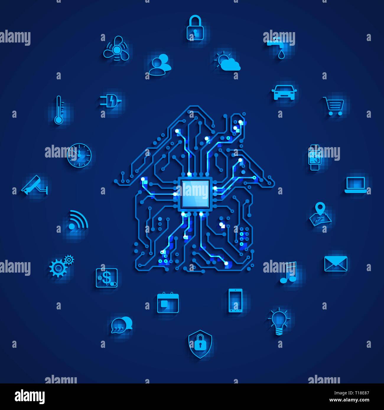 Smart house o concetto IOT. Smart home set di icone. Il monitoraggio remoto e il controllo smart house. Circuito di casa e casa intelligente di icone di funzione. Vector illus Illustrazione Vettoriale