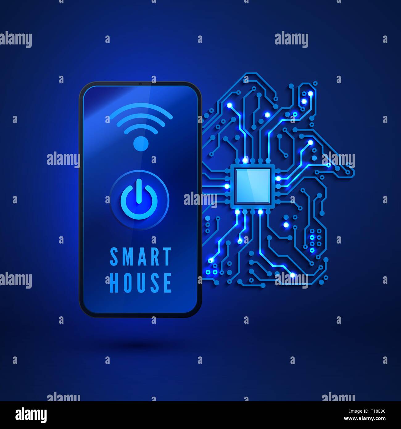 Smart home concetto. Il monitoraggio remoto e il controllo smart house dallo smartphone. Illustrazione Vettoriale su sfondo blu Illustrazione Vettoriale