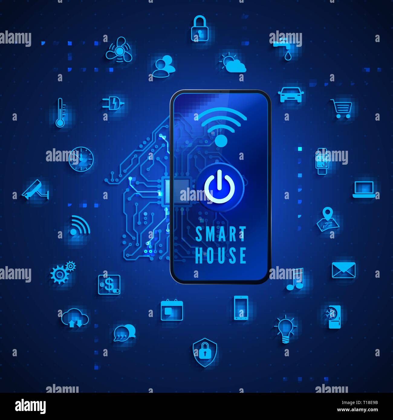 Smart home o concetto IOT. Circuito di casa e casa intelligente di icone di funzione. Il monitoraggio remoto e il controllo smart house dallo smartphone. Illustrazione Vettoriale Illustrazione Vettoriale