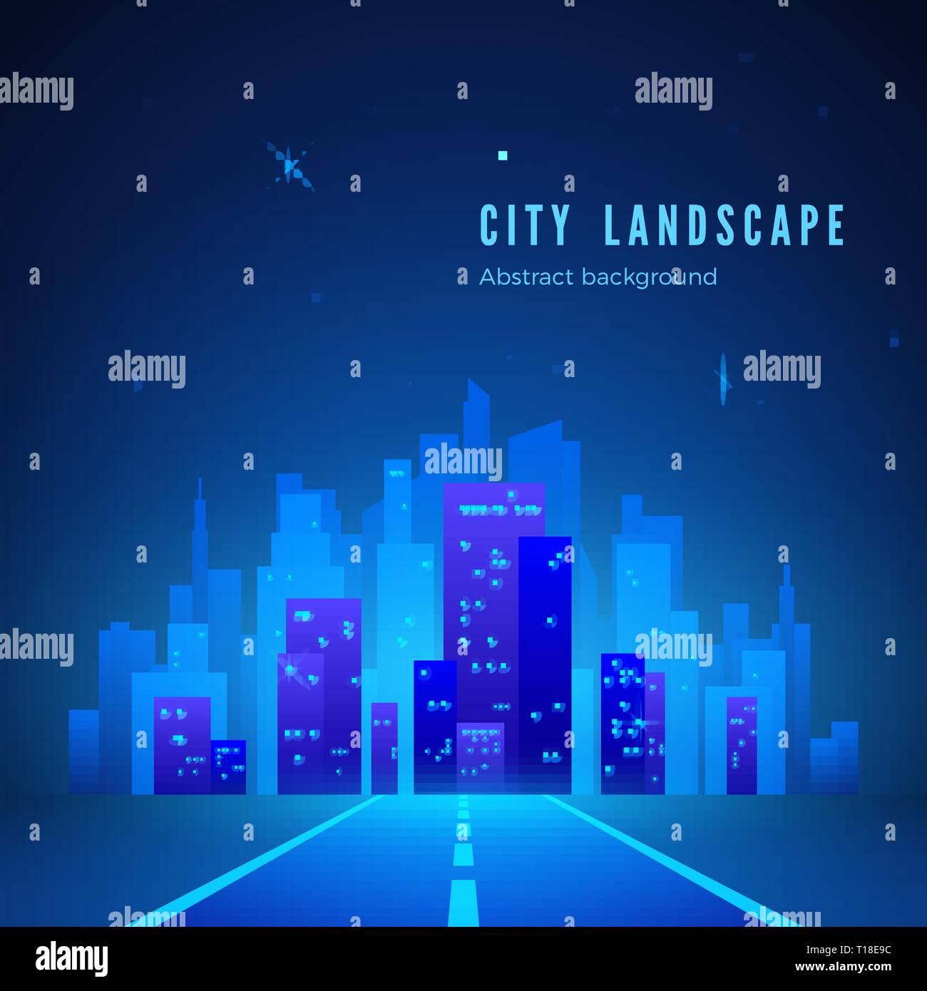 Panorama della città. Futuristica città di notte. Strada di città del futuro. La silhouette della città su sfondo blu. Illustrazione Vettoriale Illustrazione Vettoriale